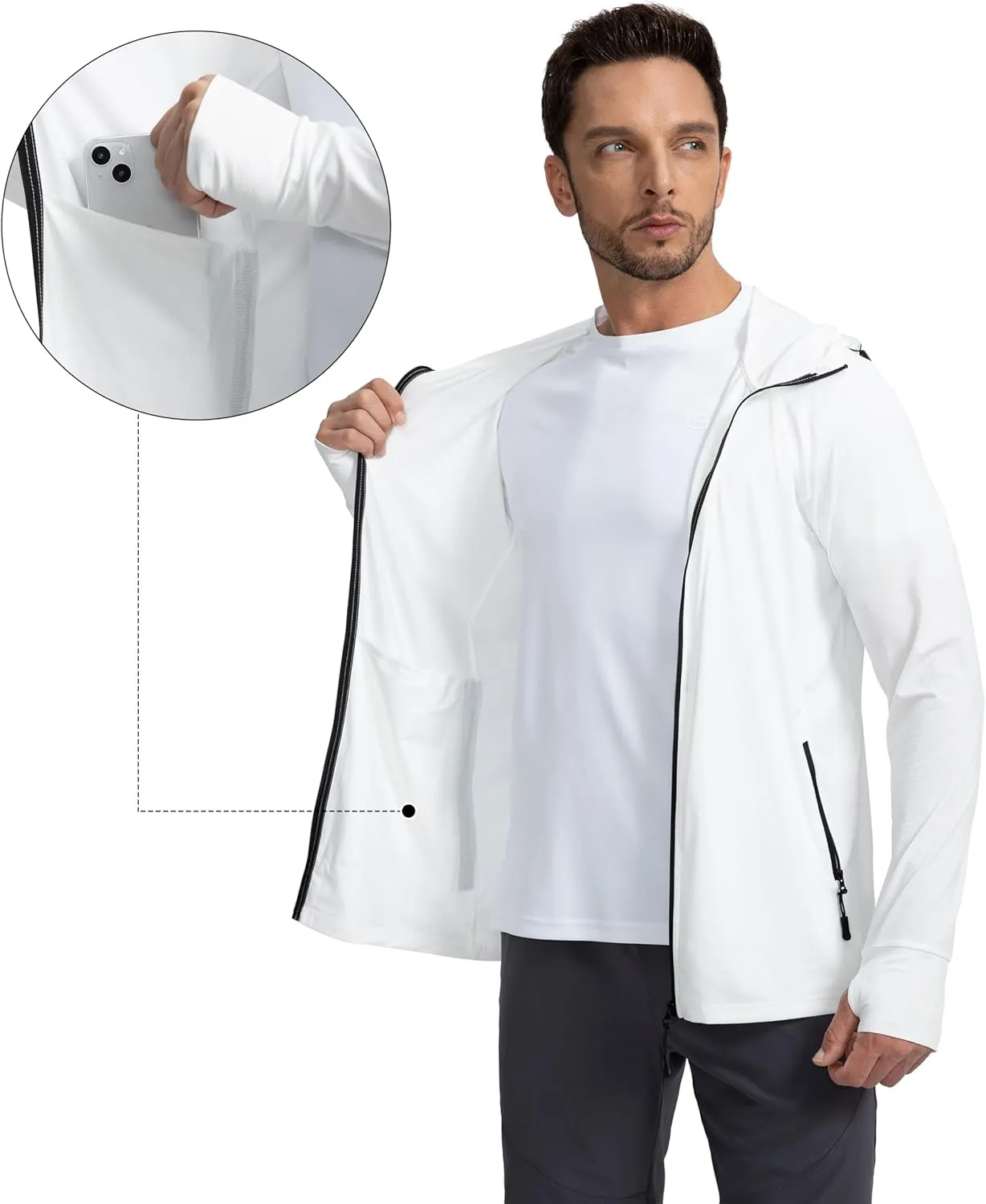 Men's UPF 50  Light Jacket Full Zip Sun Protection Hoodie Long Sleeve Sun Shirts for Men Hiking Fishing Zip Pockets
