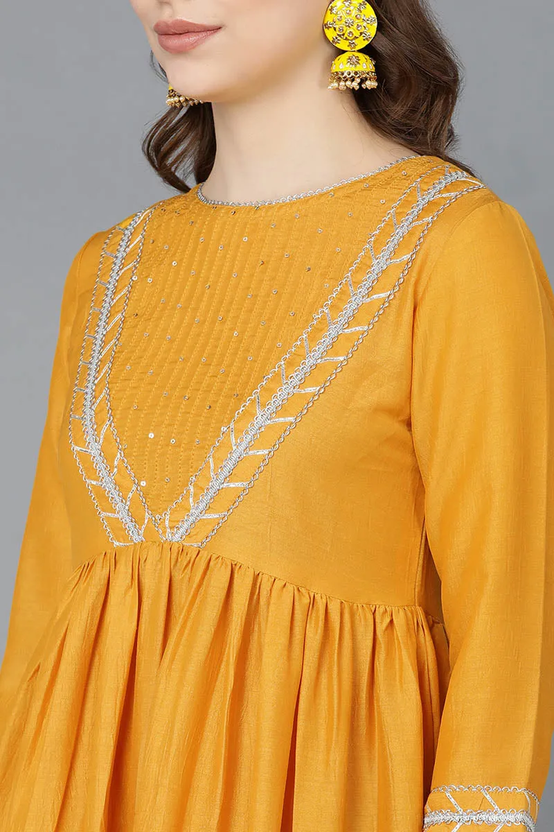 Mustard Poly Silk Flared Suit Set