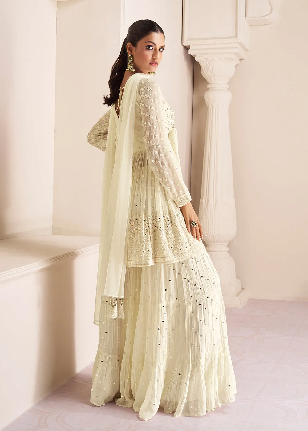 Party Ivory Cream Embroidered Peplum Style Sharara Suit