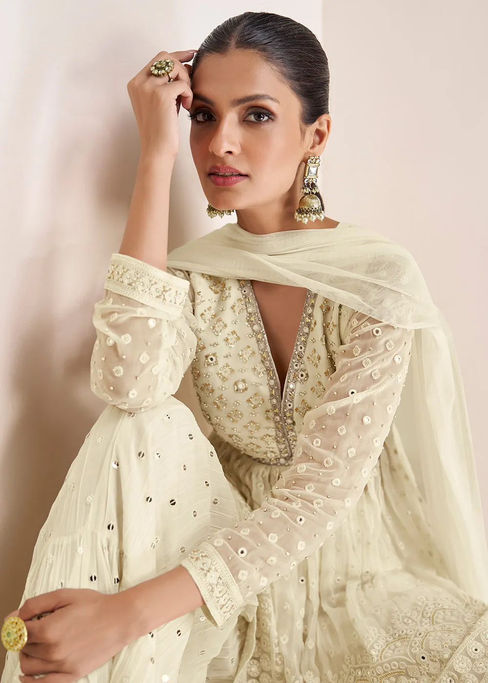 Party Ivory Cream Embroidered Peplum Style Sharara Suit