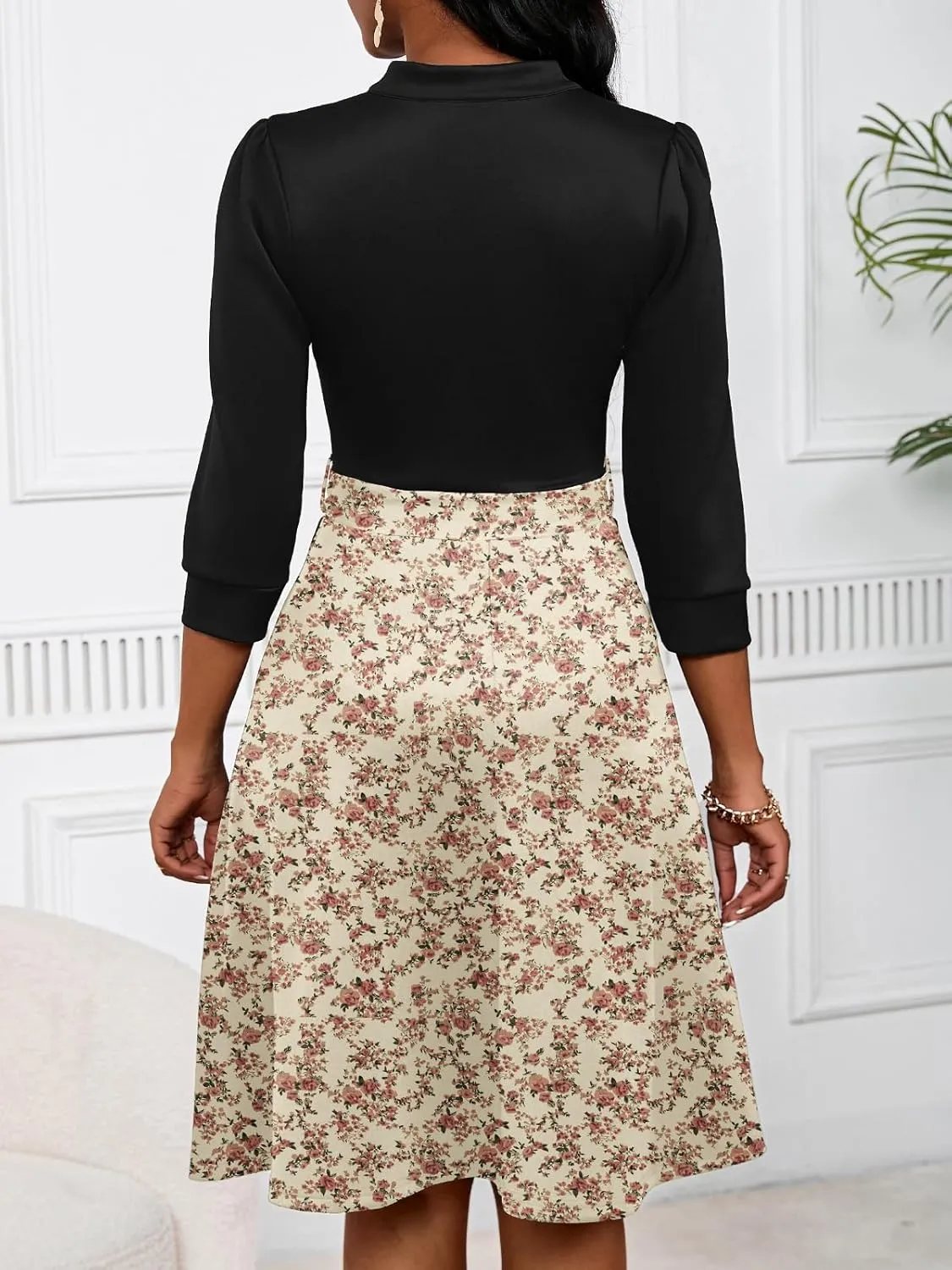 PerZeal Women's Casual Flowy A-Line Midi Dress Flared V-Neck Colorblock Print for Wedding Guest 3/4 Sleeve Dress with Belt