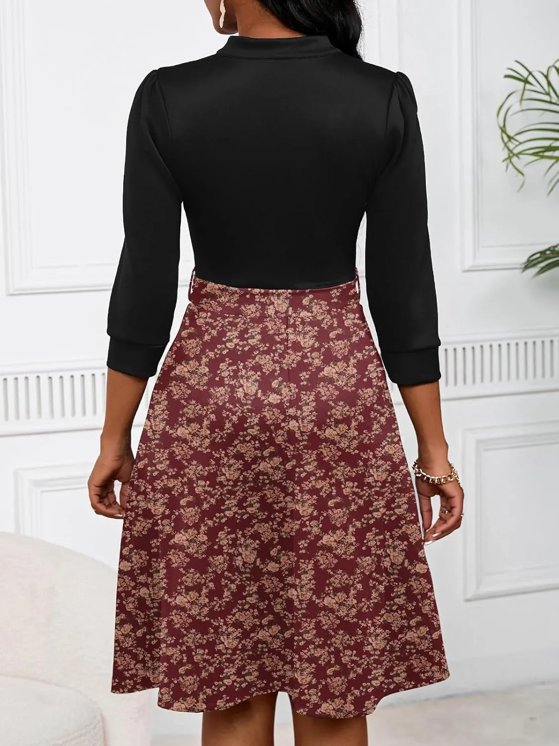 PerZeal Women's Casual Flowy A-Line Midi Dress Flared V-Neck Colorblock Print for Wedding Guest 3/4 Sleeve Dress with Belt