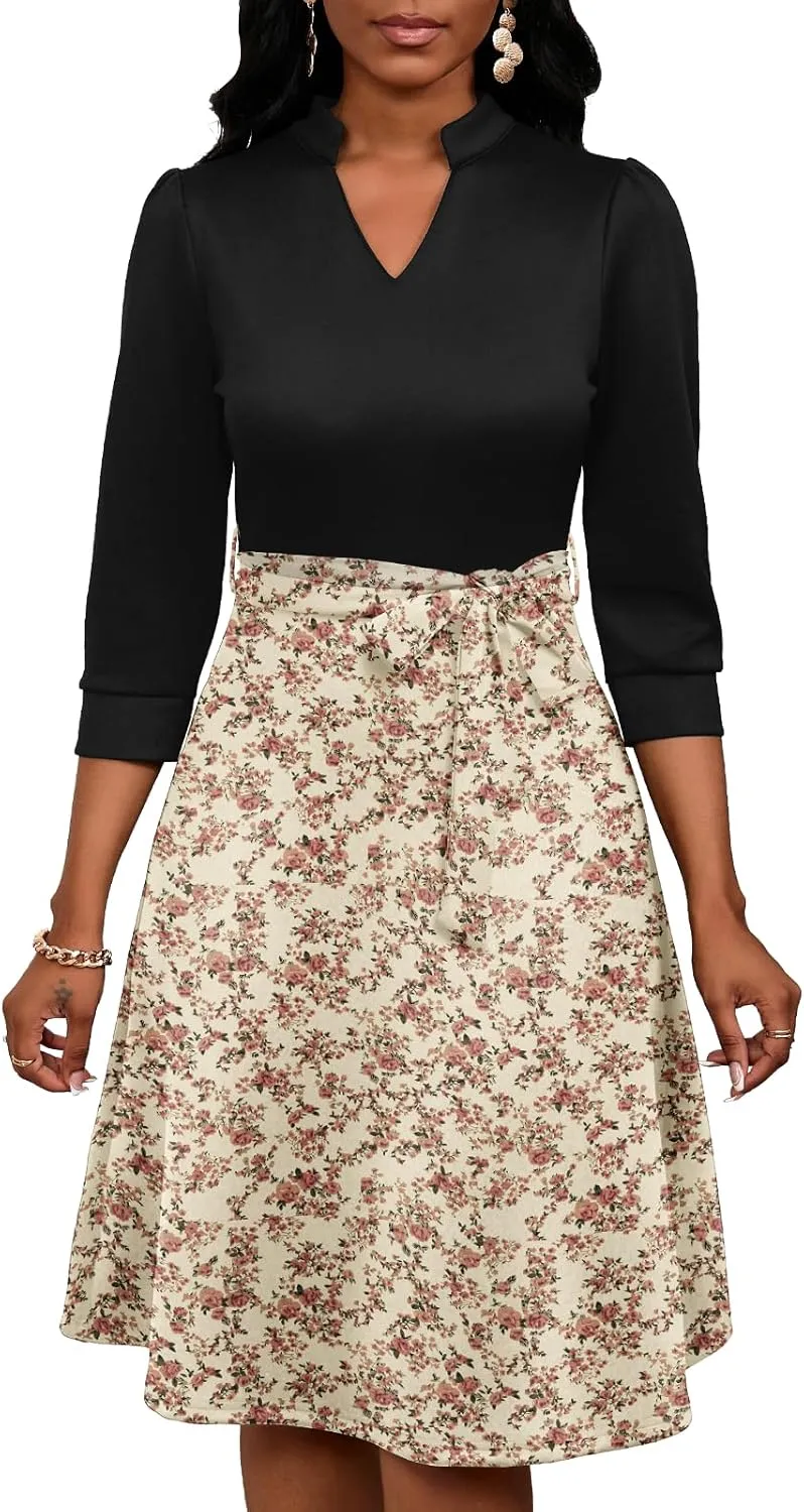PerZeal Women's Casual Flowy A-Line Midi Dress Flared V-Neck Colorblock Print for Wedding Guest 3/4 Sleeve Dress with Belt