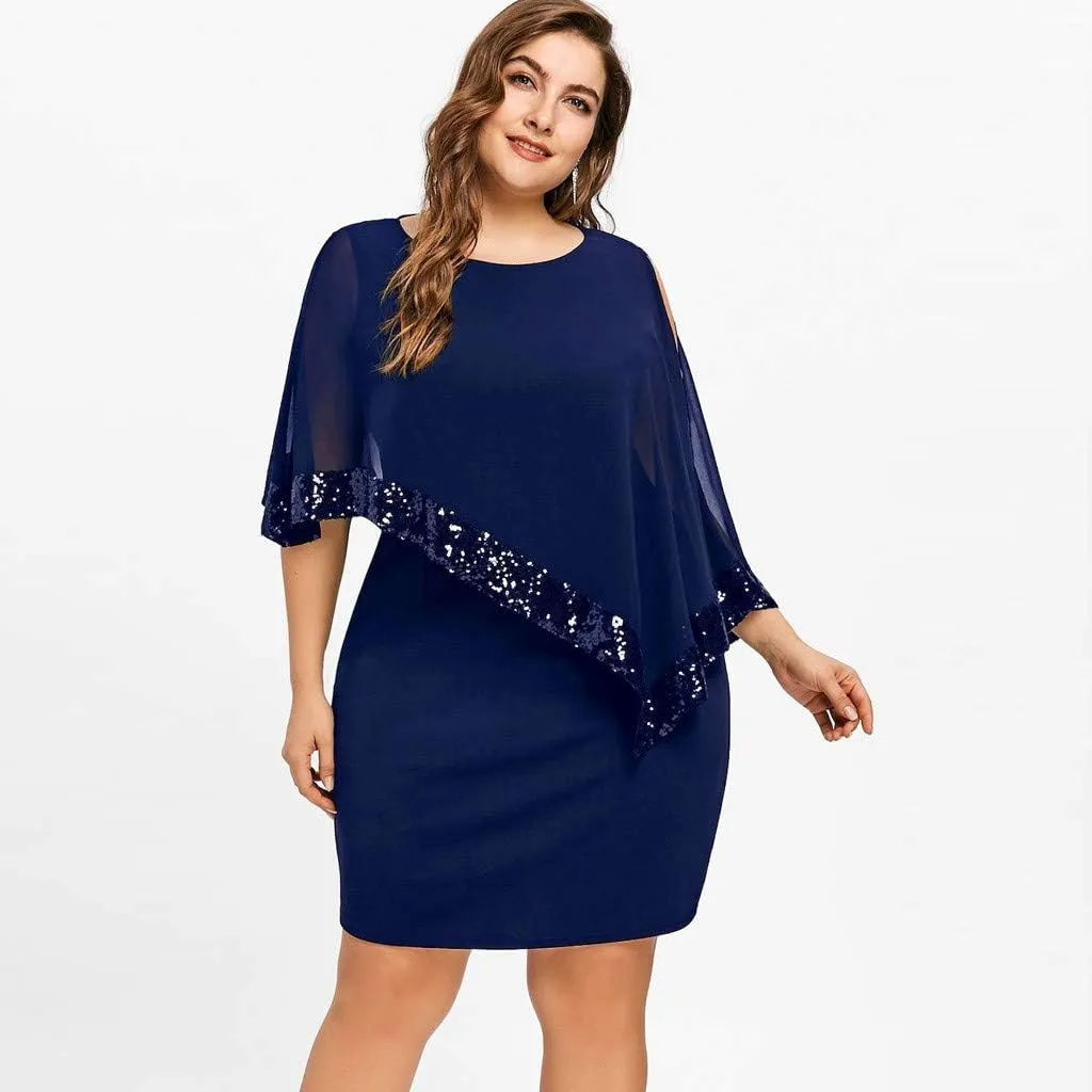 Plus Size Women Dresses Casual Chiffon Overlay Mini Dress Ladder Cut Sequins Evening Dress for Cocktail Party