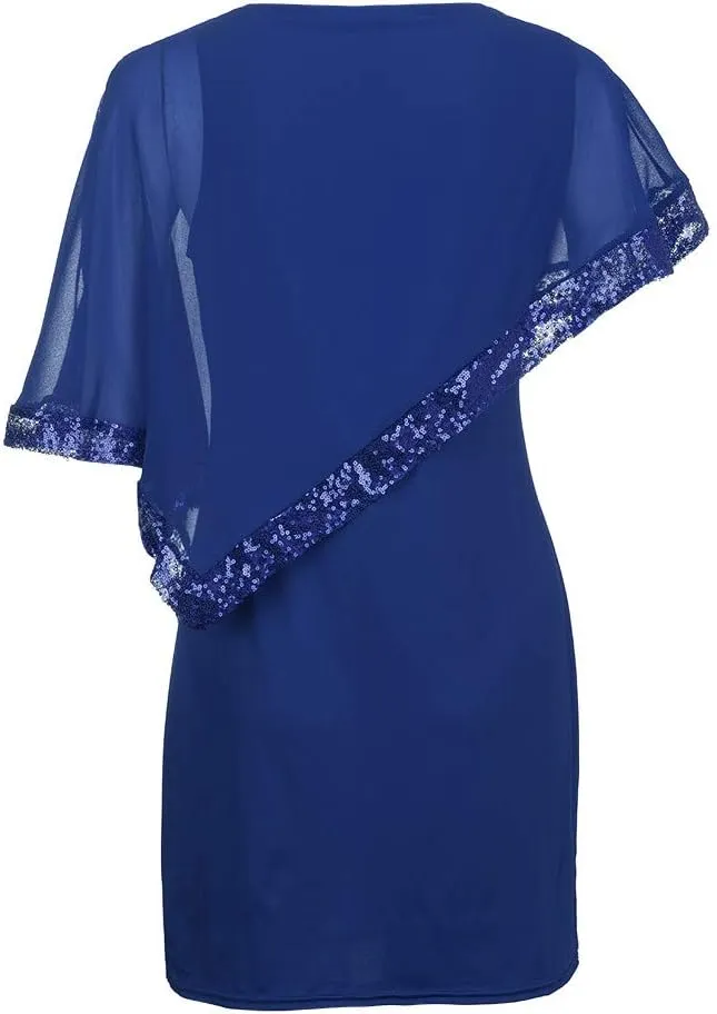 Plus Size Women Dresses Casual Chiffon Overlay Mini Dress Ladder Cut Sequins Evening Dress for Cocktail Party