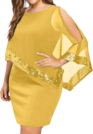 Plus Size Women Dresses Casual Chiffon Overlay Mini Dress Ladder Cut Sequins Evening Dress for Cocktail Party