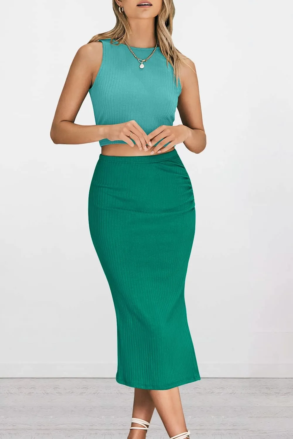 PRETTYGARDEN Women's 2 Piece Summer Outfits Crewneck Tank Tops Split Bodycon Midi Skirt Set
