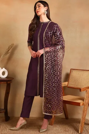 Purple Silk Blend Embroidered Straight Suit Set