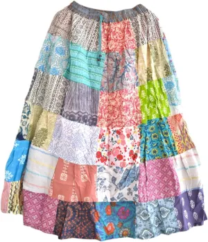RAJBHOOMI HANDICRAFTS Women's Bohemian Patchwork Maxi Skirt - Hippie Gypsy Floral Print - Multicolor Cotton Elastic Waist - Festival Style Long Skirts