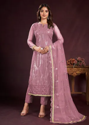 Rose Pink Butterfly Net Embroidered Festive Salwar Suit