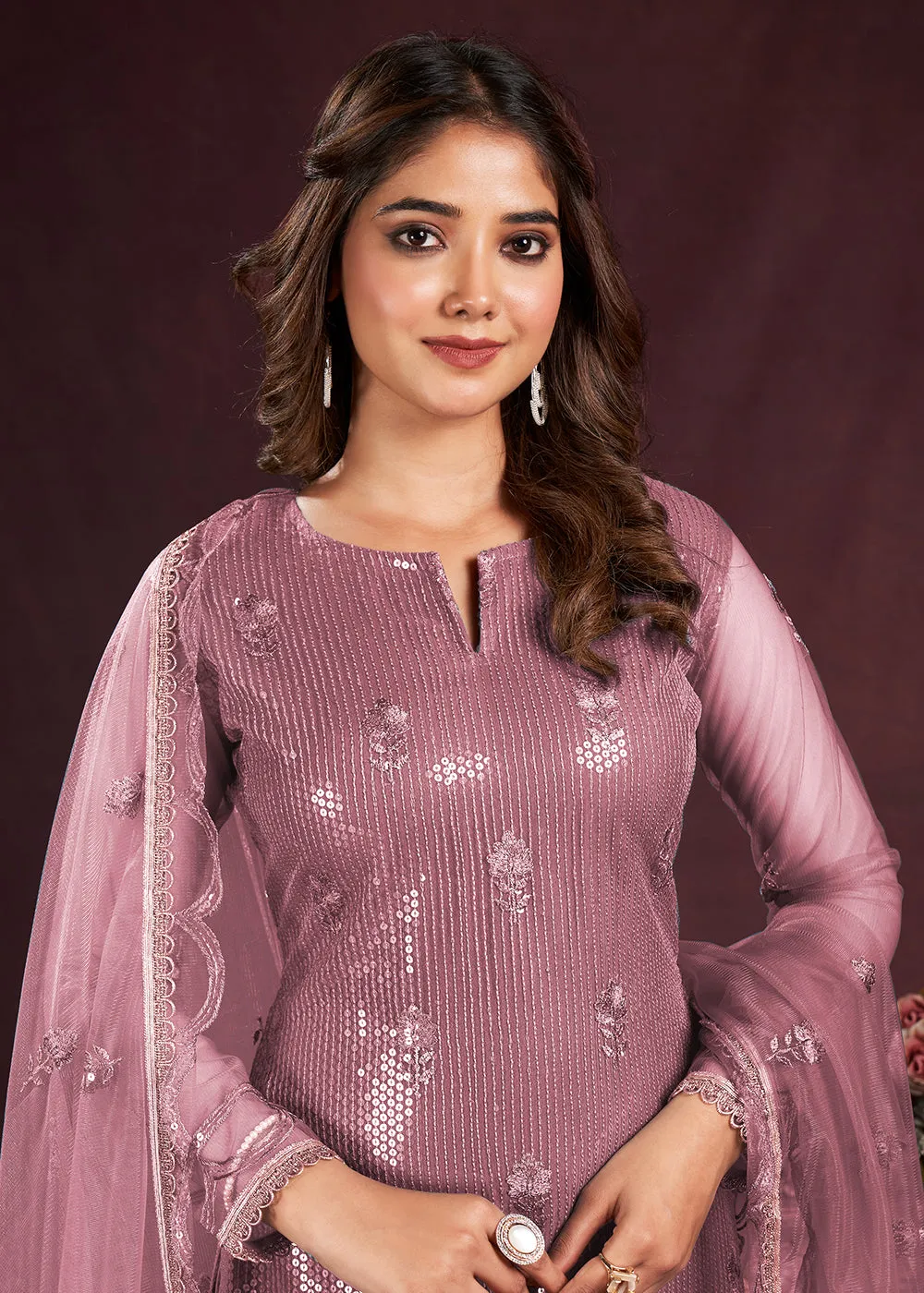Rose Pink Butterfly Net Embroidered Festive Salwar Suit