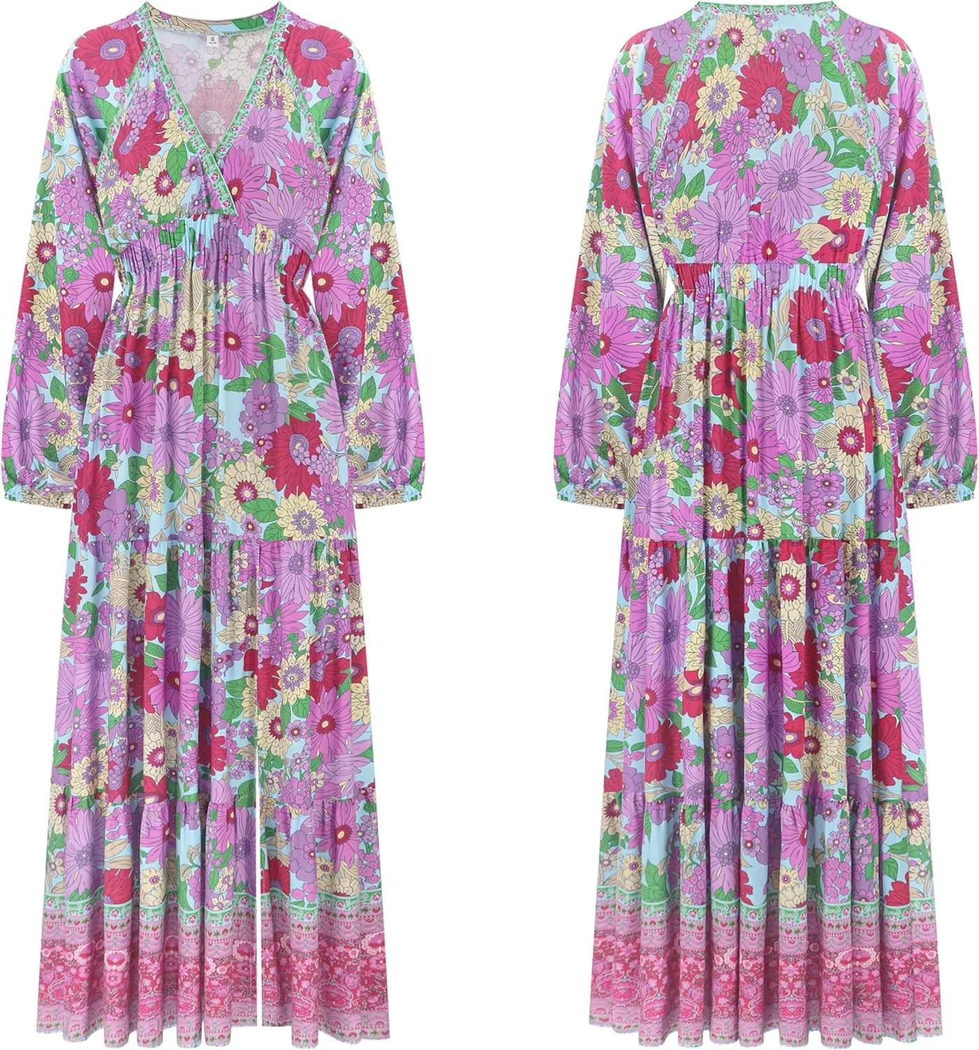 R.Vivimos Women's Boho Floral Print Maxi Dress V Neck Long Sleeve Elastic Waist Casual Flowy Slit Long Sundress