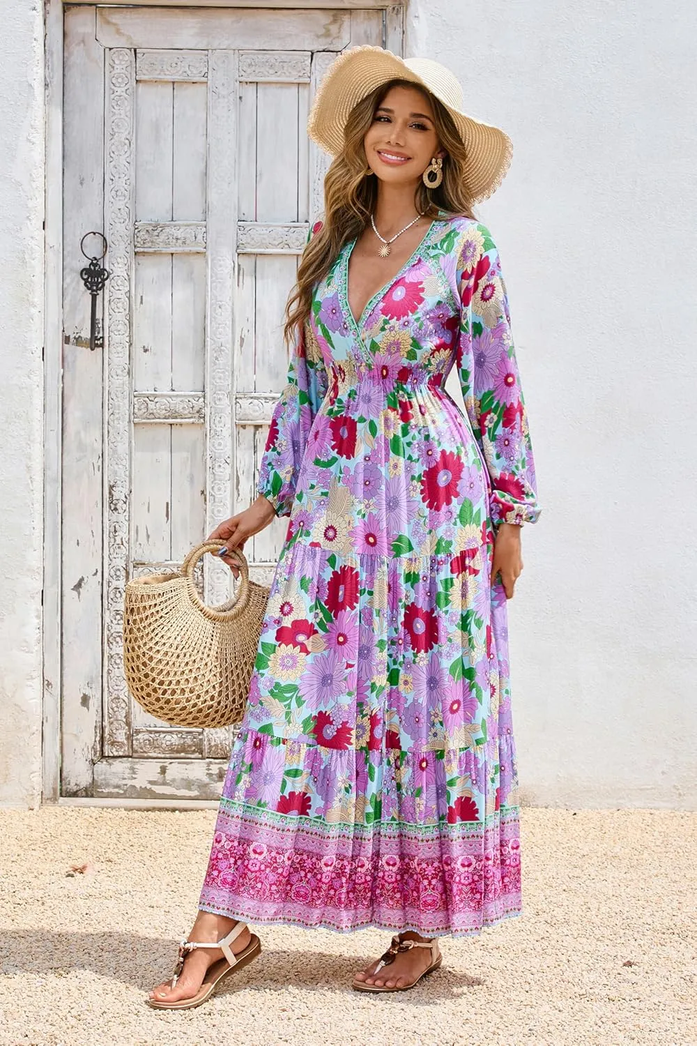 R.Vivimos Women's Boho Floral Print Maxi Dress V Neck Long Sleeve Elastic Waist Casual Flowy Slit Long Sundress