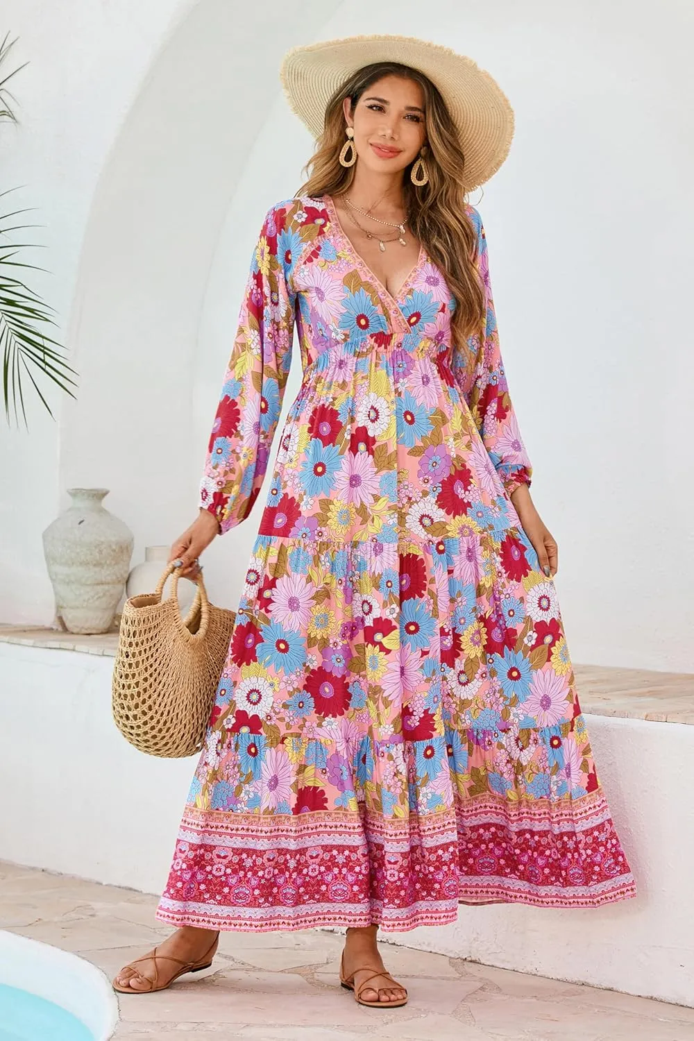 R.Vivimos Women's Boho Floral Print Maxi Dress V Neck Long Sleeve Elastic Waist Casual Flowy Slit Long Sundress