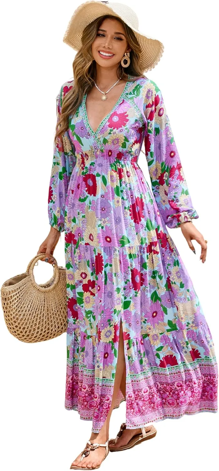 R.Vivimos Women's Boho Floral Print Maxi Dress V Neck Long Sleeve Elastic Waist Casual Flowy Slit Long Sundress