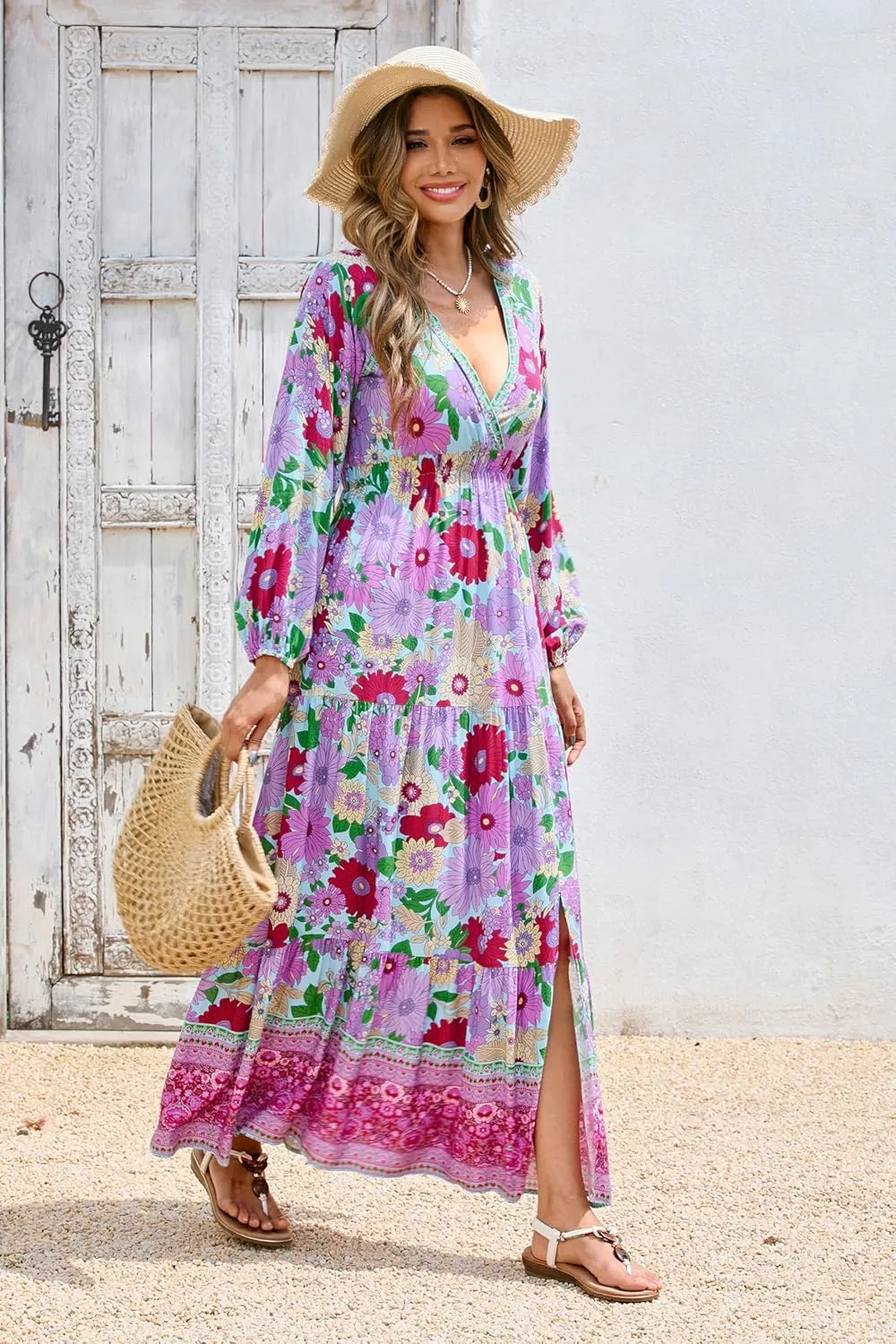 R.Vivimos Women's Boho Floral Print Maxi Dress V Neck Long Sleeve Elastic Waist Casual Flowy Slit Long Sundress