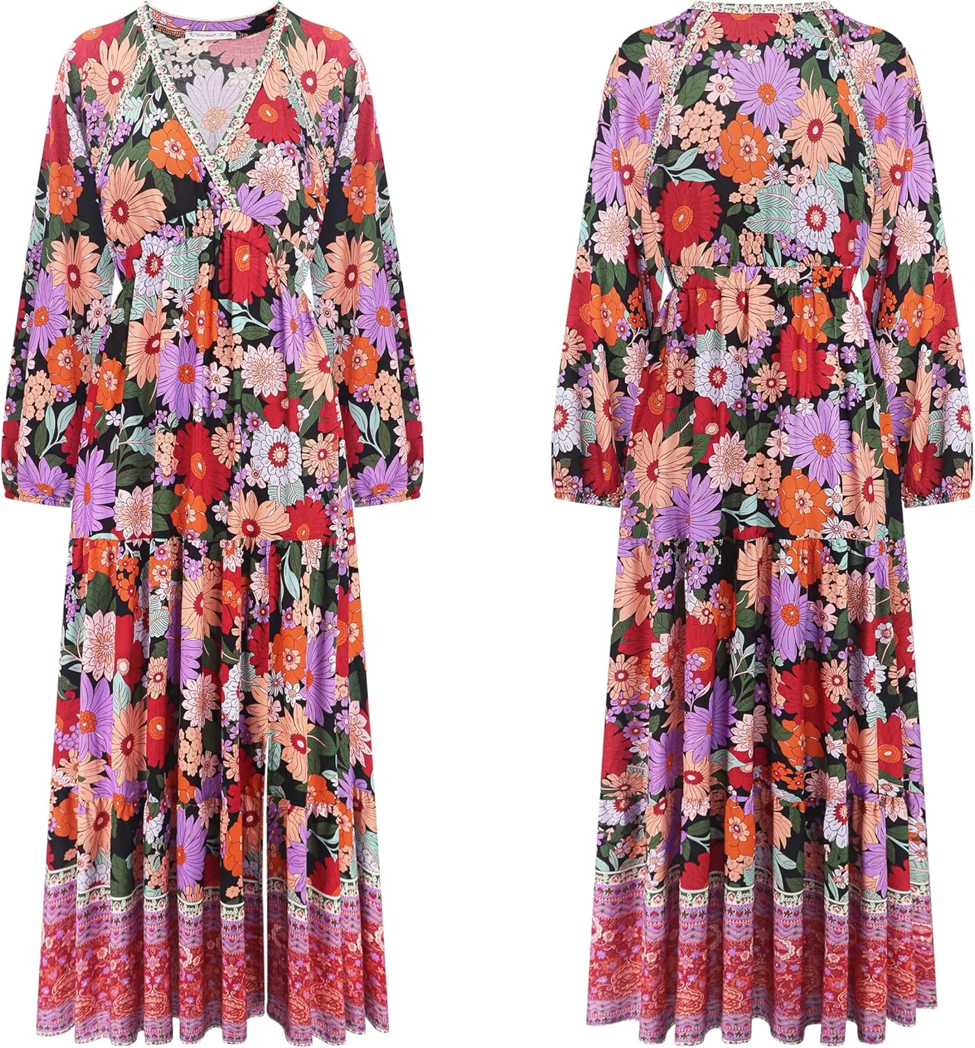R.Vivimos Women's Boho Floral Print Maxi Dress V Neck Long Sleeve Elastic Waist Casual Flowy Slit Long Sundress