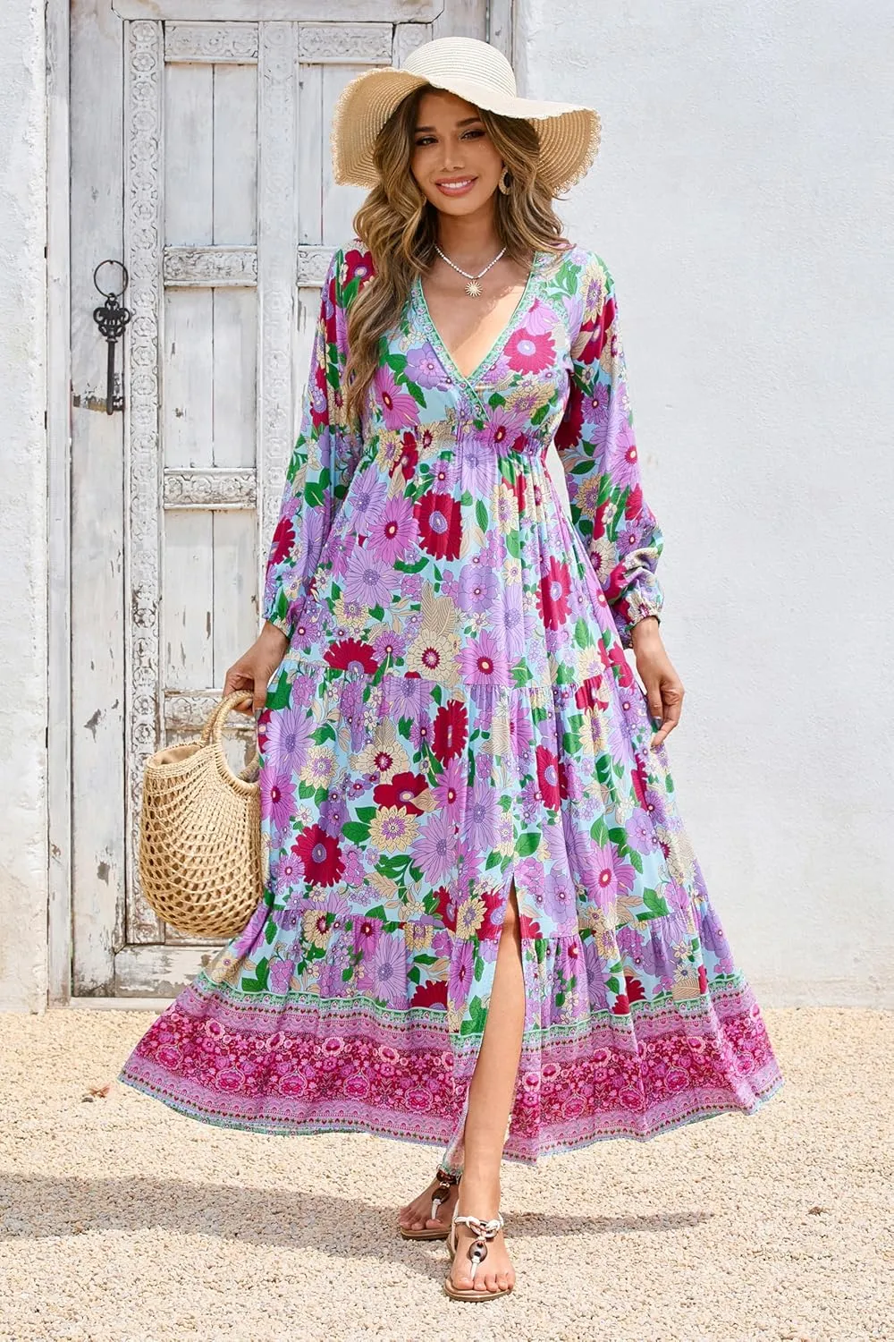 R.Vivimos Women's Boho Floral Print Maxi Dress V Neck Long Sleeve Elastic Waist Casual Flowy Slit Long Sundress