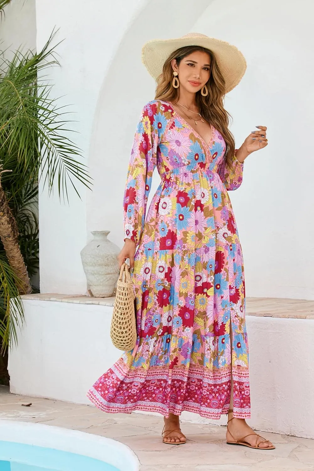 R.Vivimos Women's Boho Floral Print Maxi Dress V Neck Long Sleeve Elastic Waist Casual Flowy Slit Long Sundress