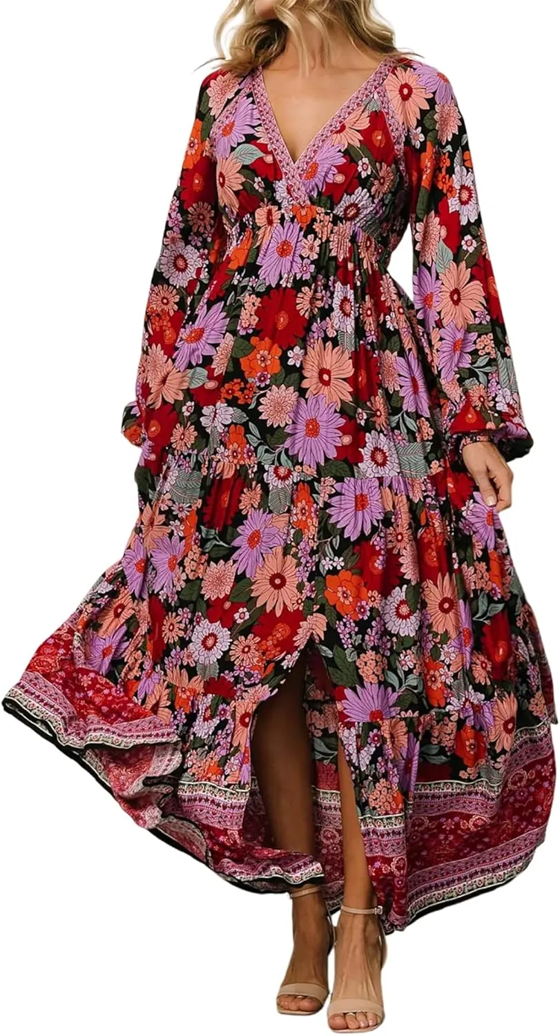 R.Vivimos Women's Boho Floral Print Maxi Dress V Neck Long Sleeve Elastic Waist Casual Flowy Slit Long Sundress