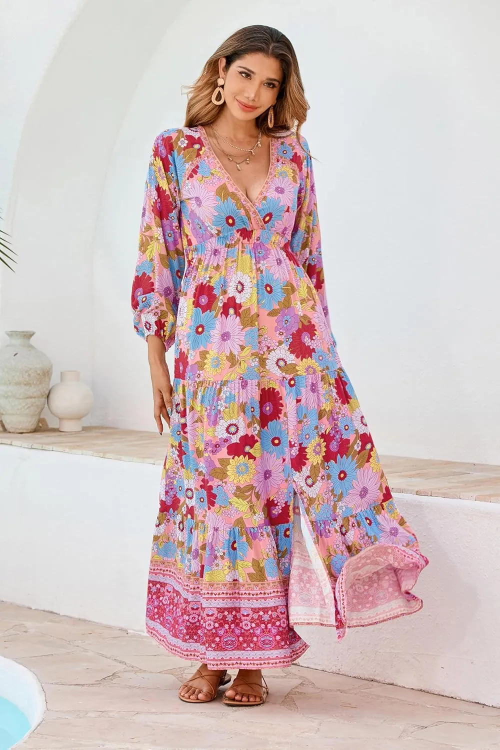 R.Vivimos Women's Boho Floral Print Maxi Dress V Neck Long Sleeve Elastic Waist Casual Flowy Slit Long Sundress