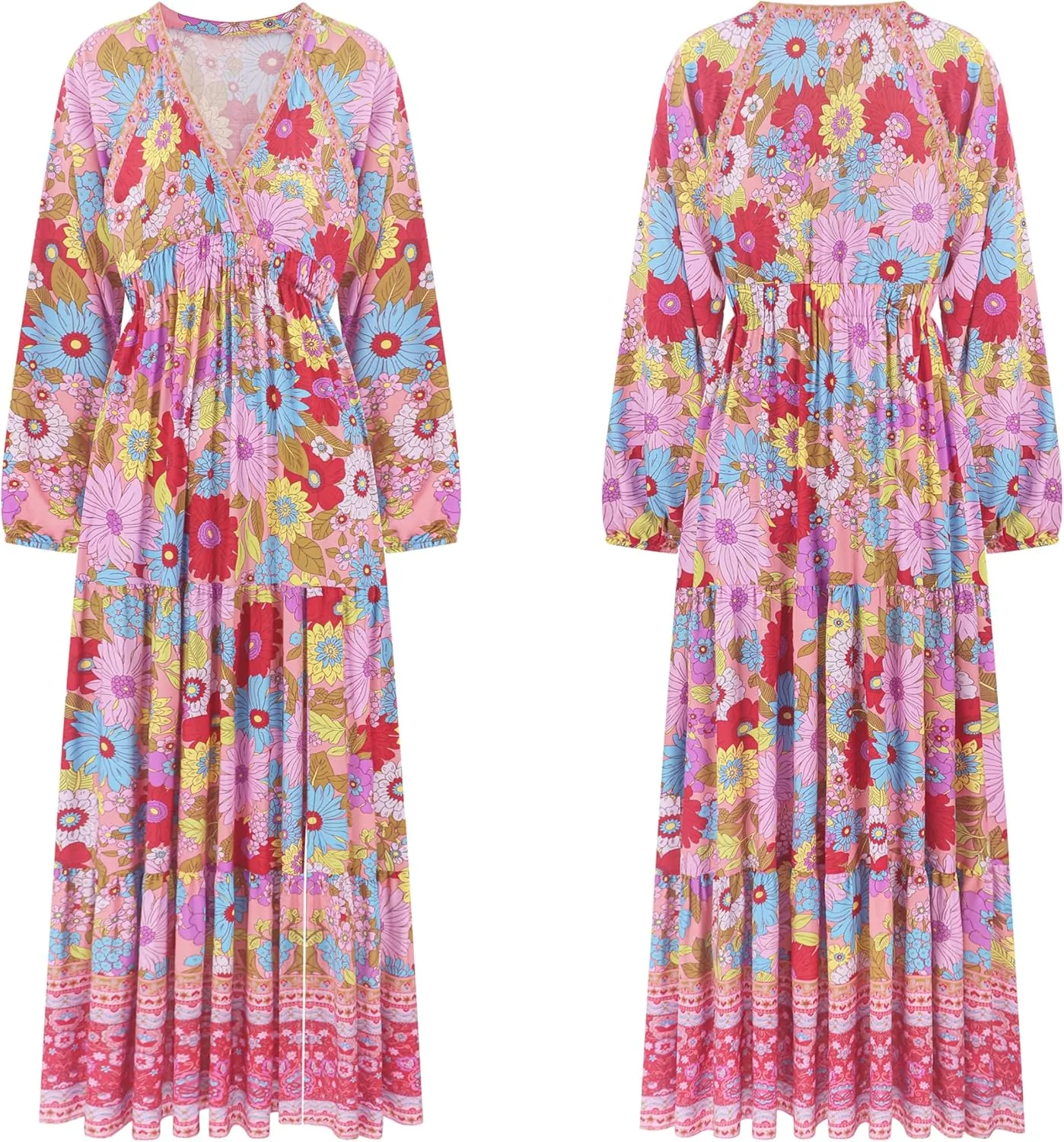 R.Vivimos Women's Boho Floral Print Maxi Dress V Neck Long Sleeve Elastic Waist Casual Flowy Slit Long Sundress