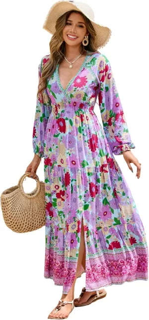 R.Vivimos Women's Boho Floral Print Maxi Dress V Neck Long Sleeve Elastic Waist Casual Flowy Slit Long Sundress