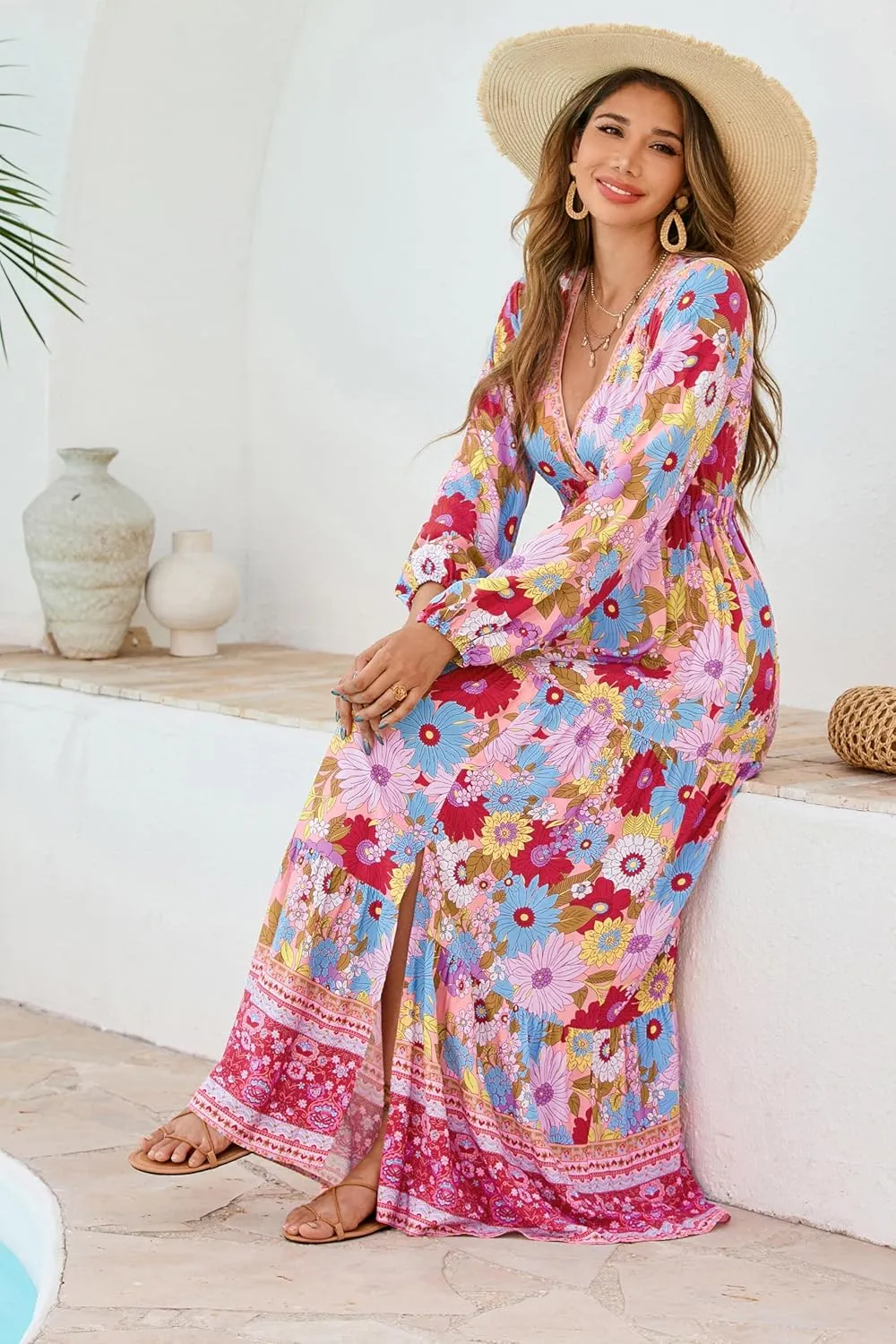 R.Vivimos Women's Boho Floral Print Maxi Dress V Neck Long Sleeve Elastic Waist Casual Flowy Slit Long Sundress