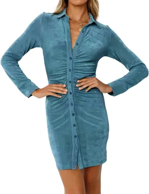 R.Vivimos Women's Fall Long Sleeves Casual Velvet Ruched Button Down Shirts Mini Dress