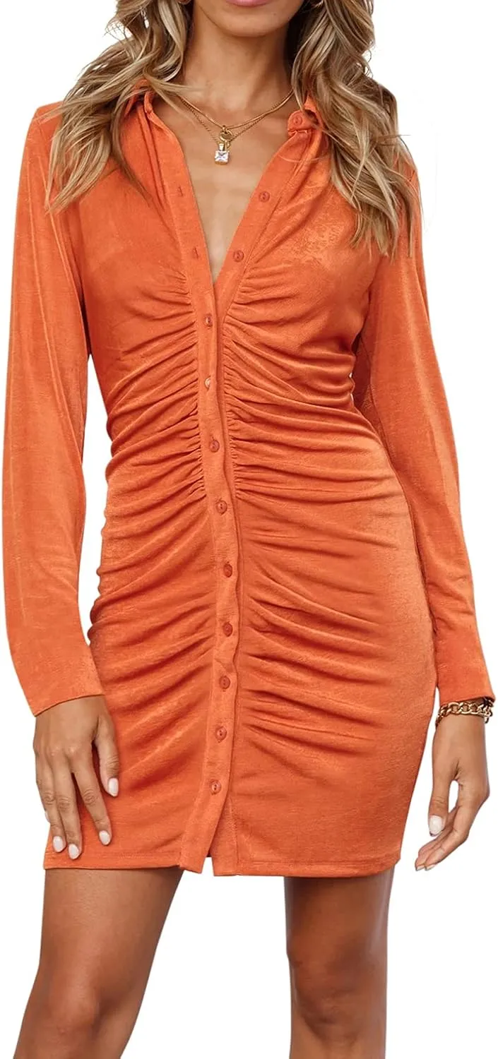 R.Vivimos Women's Fall Long Sleeves Casual Velvet Ruched Button Down Shirts Mini Dress