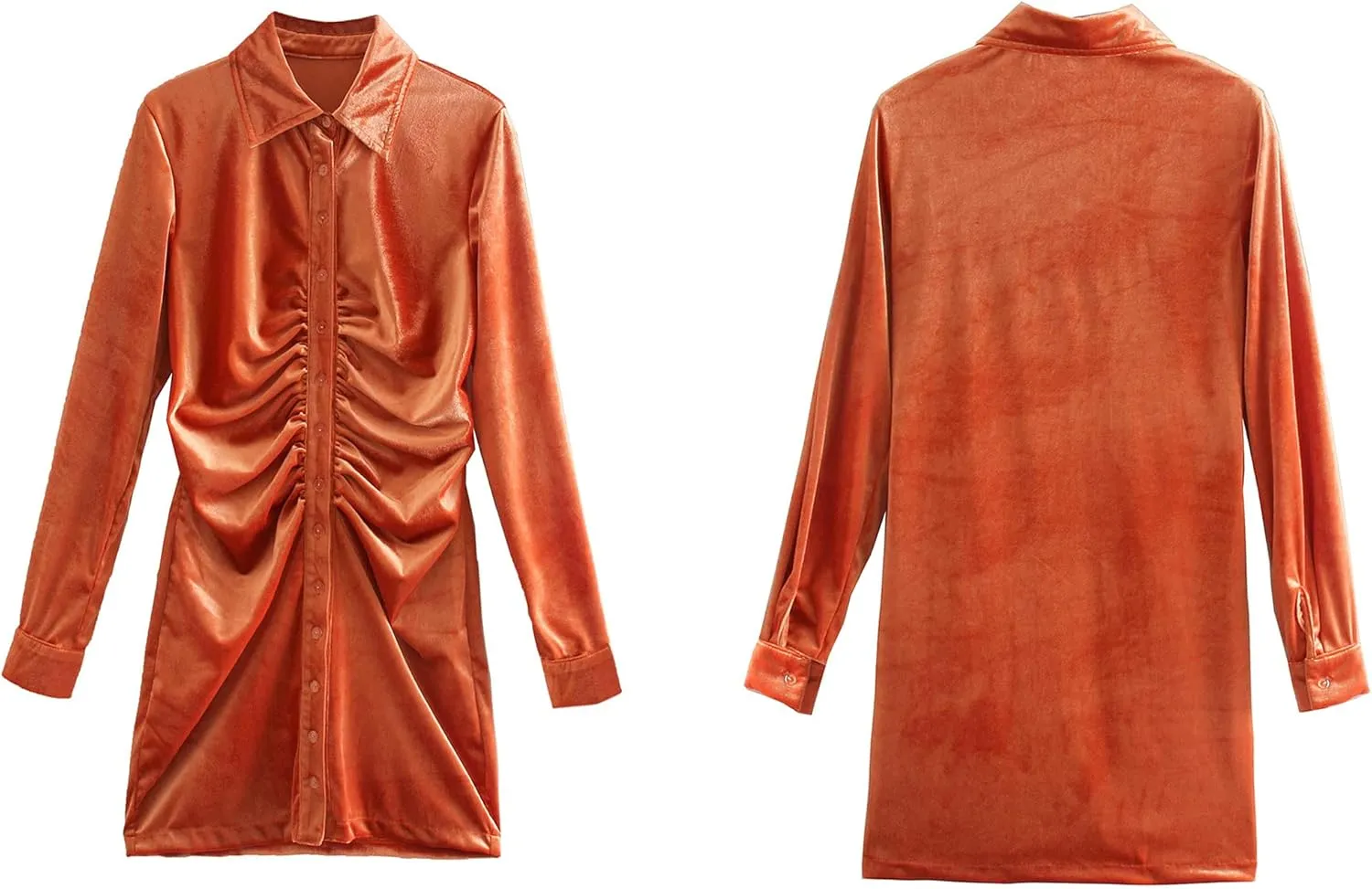 R.Vivimos Women's Fall Long Sleeves Casual Velvet Ruched Button Down Shirts Mini Dress
