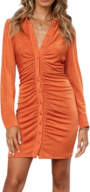 R.Vivimos Women's Fall Long Sleeves Casual Velvet Ruched Button Down Shirts Mini Dress