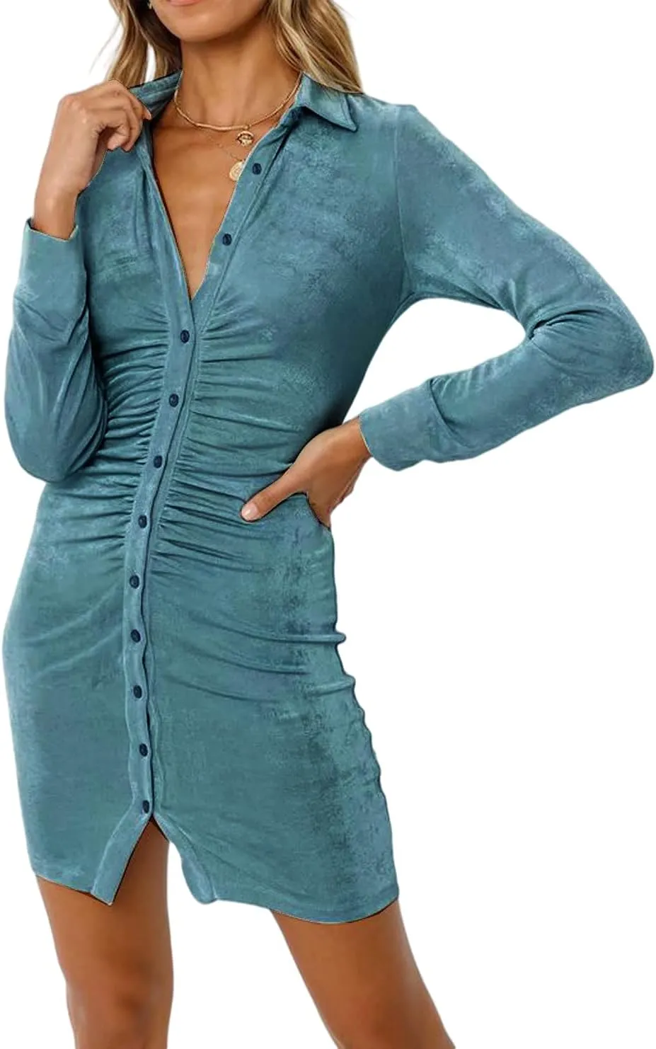 R.Vivimos Women's Fall Long Sleeves Casual Velvet Ruched Button Down Shirts Mini Dress