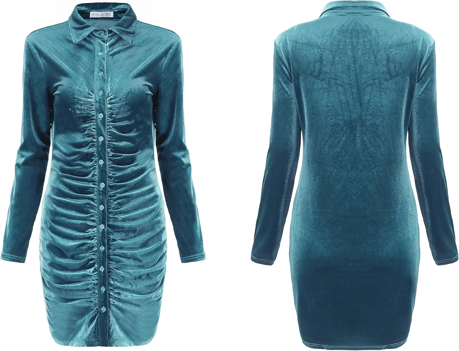 R.Vivimos Women's Fall Long Sleeves Casual Velvet Ruched Button Down Shirts Mini Dress