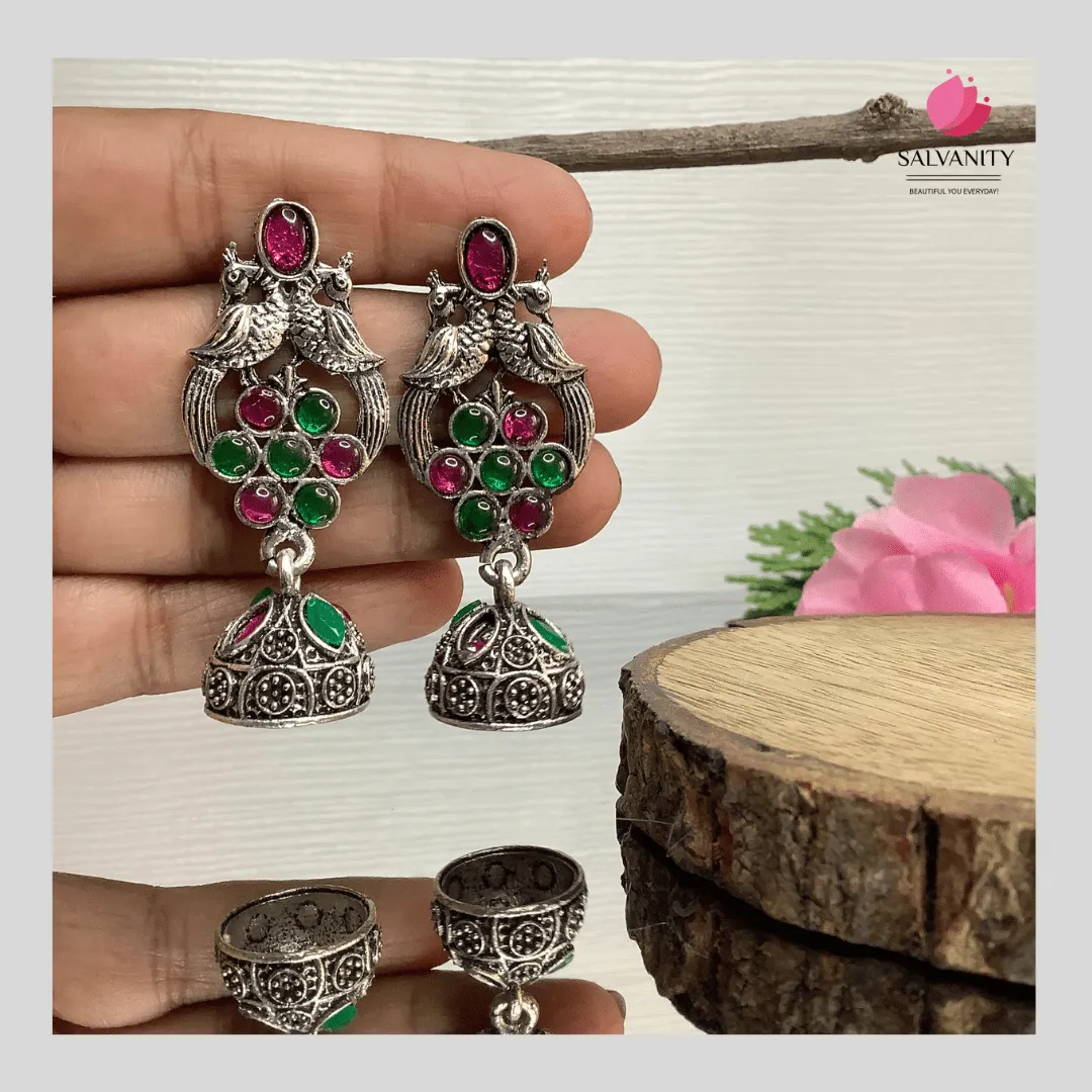 Salvanity German Silver Double Bird Jhumki Small