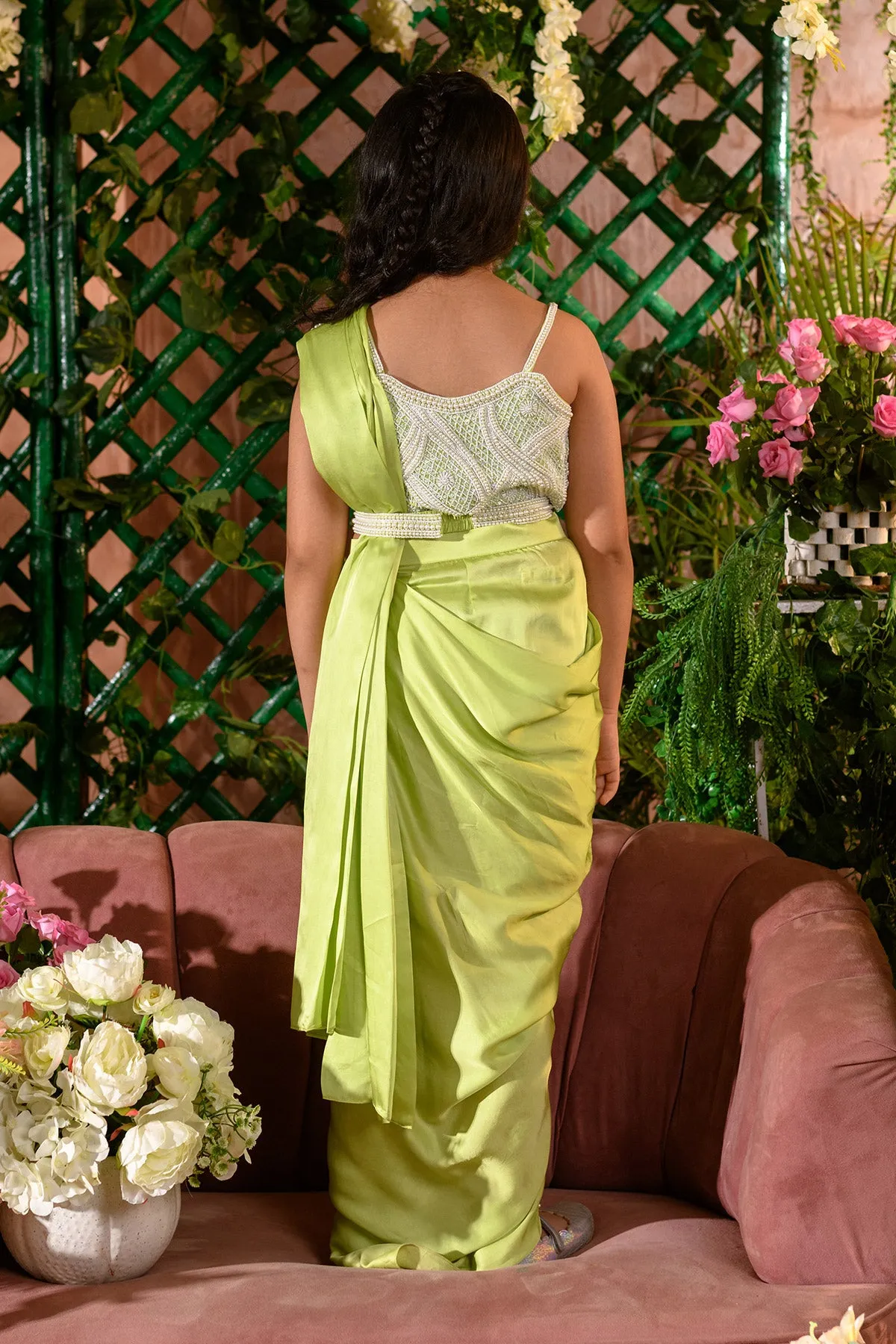 SANOBAR - Embroidered German Satin Green Drape Saree Blouse Set of 3