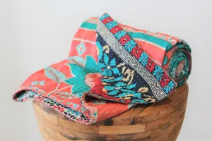 Sari Kantha Large Throw - Green, Peach & Red Flowers