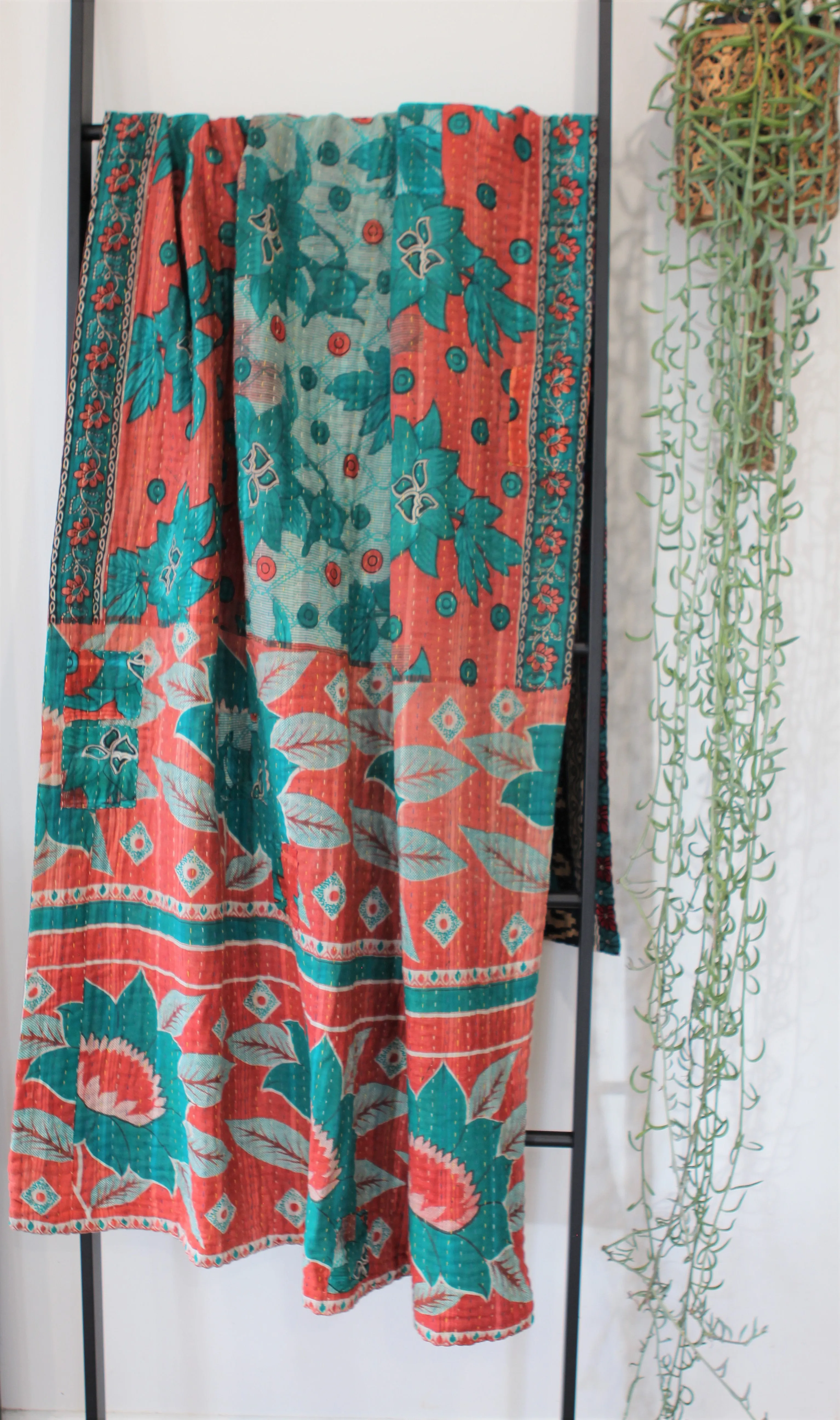 Sari Kantha Large Throw - Green, Peach & Red Flowers