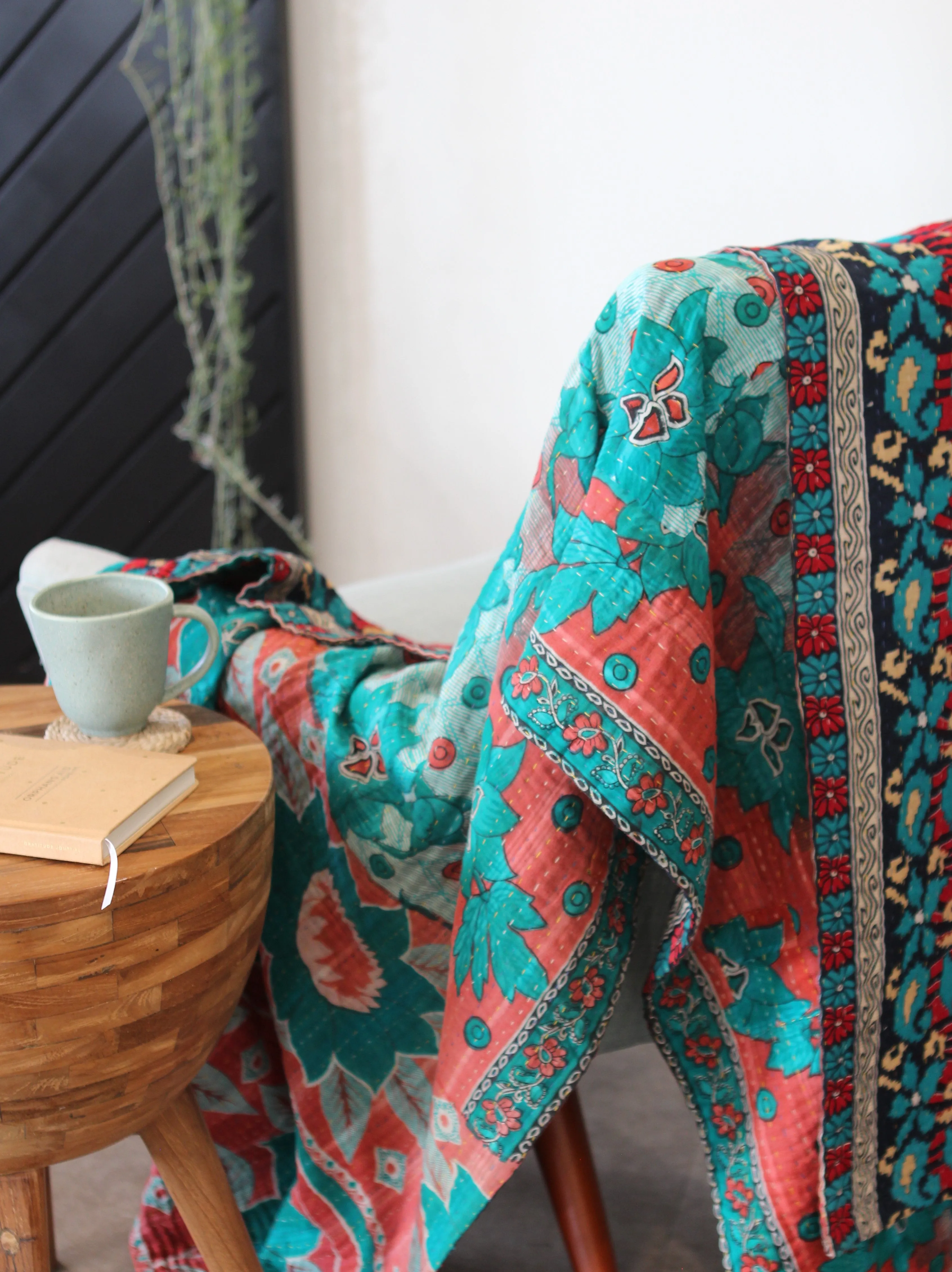 Sari Kantha Large Throw - Green, Peach & Red Flowers