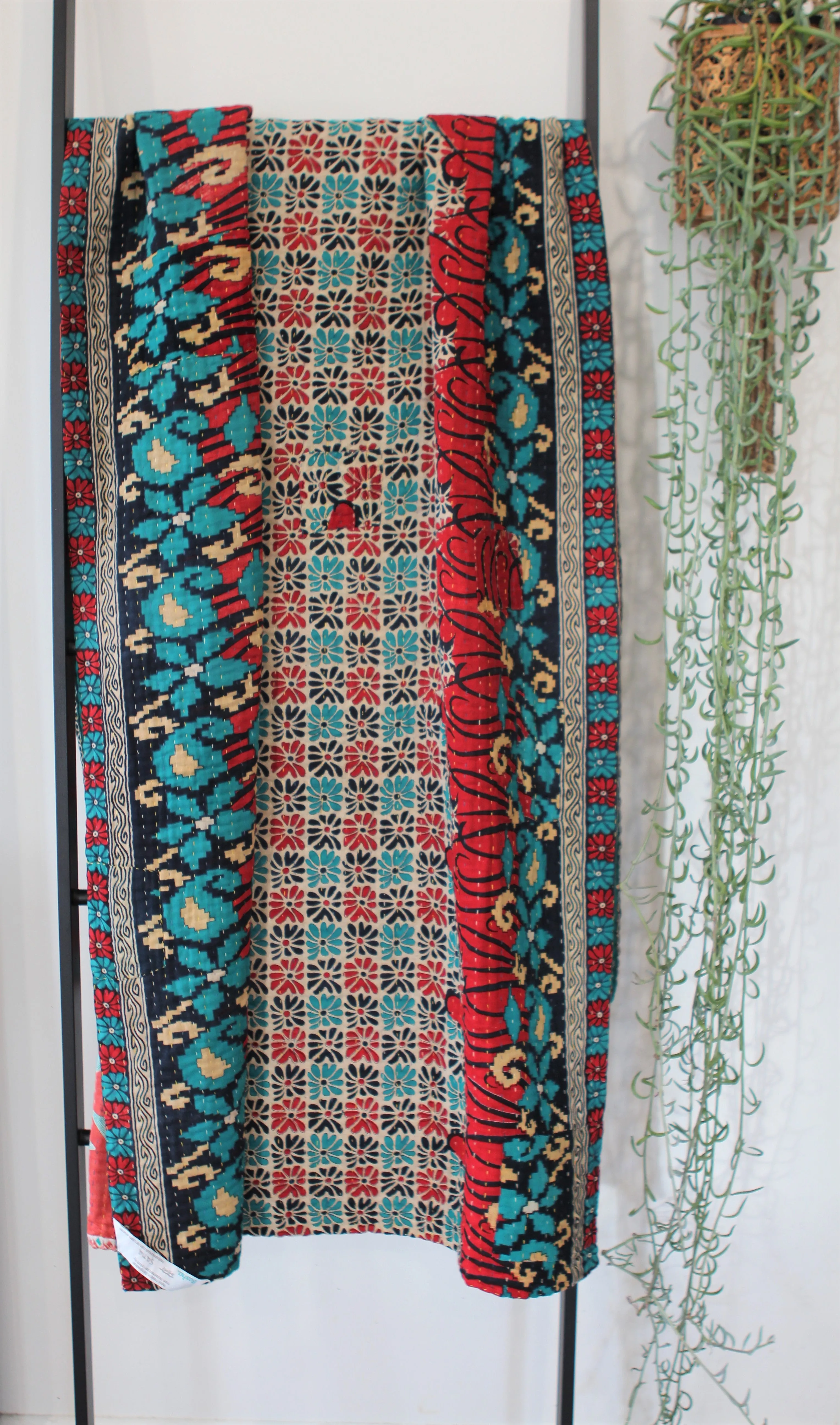 Sari Kantha Large Throw - Green, Peach & Red Flowers
