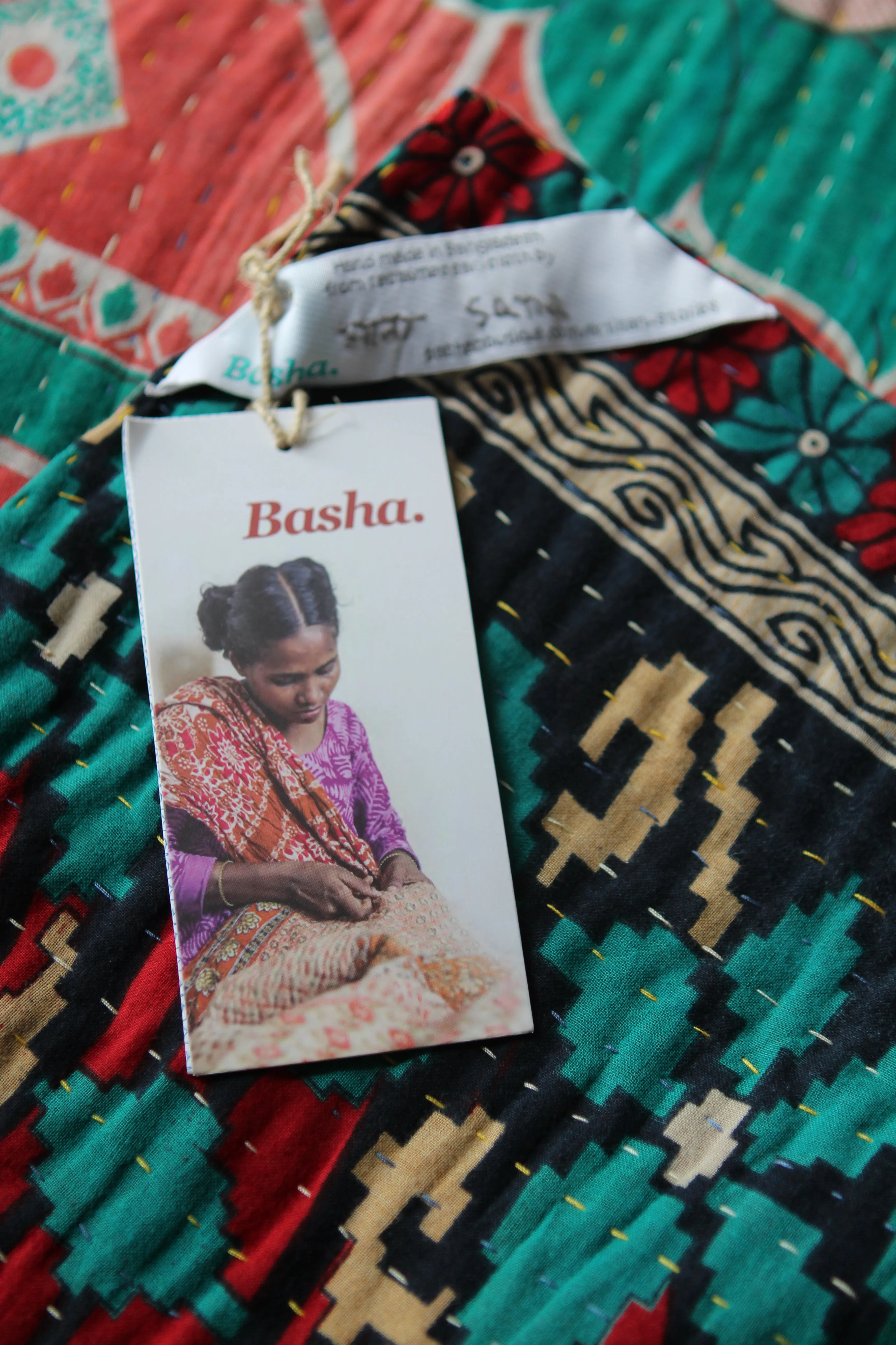Sari Kantha Large Throw - Green, Peach & Red Flowers