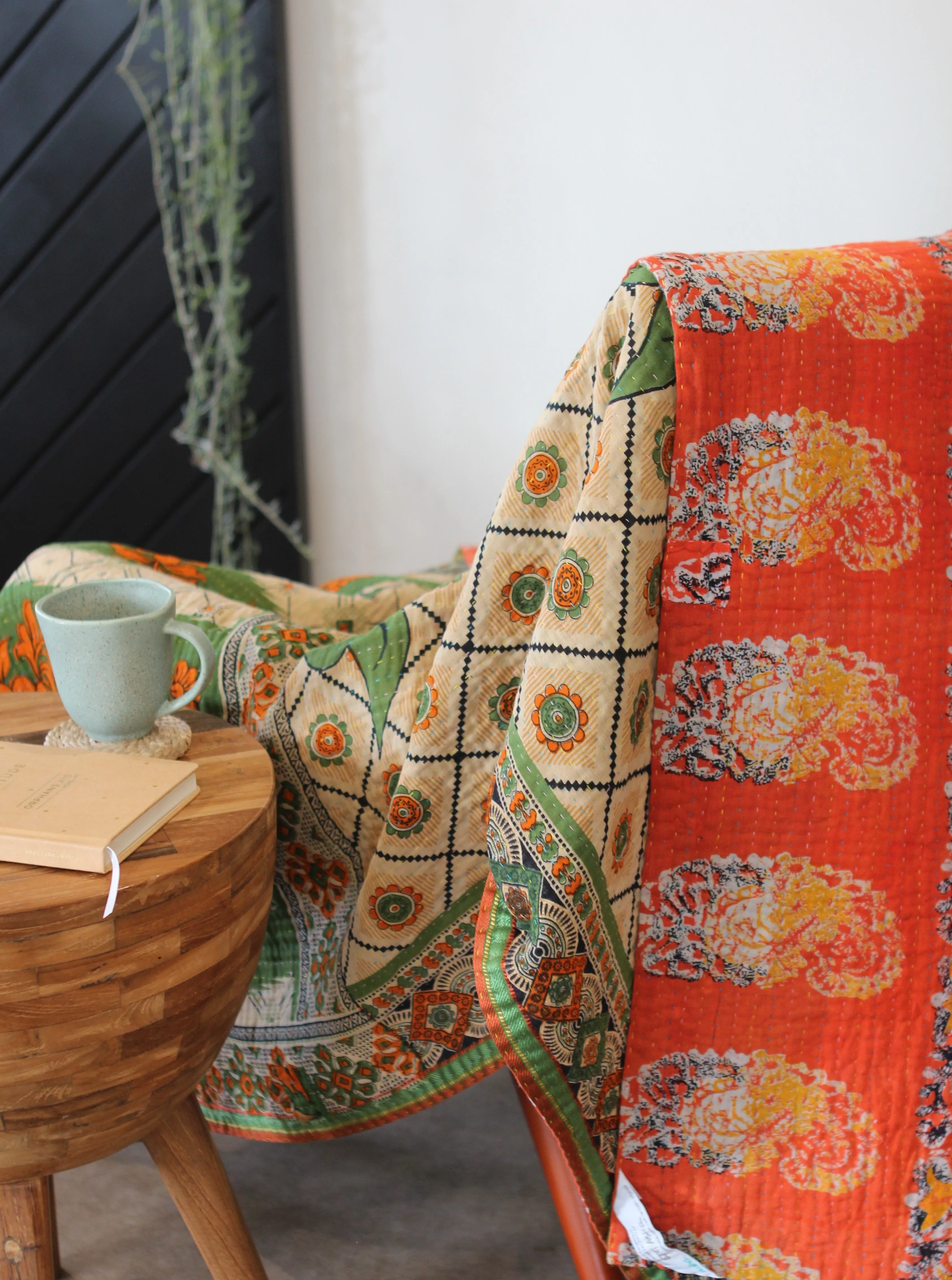 Sari Kantha Large Throw - Orange & Green 2