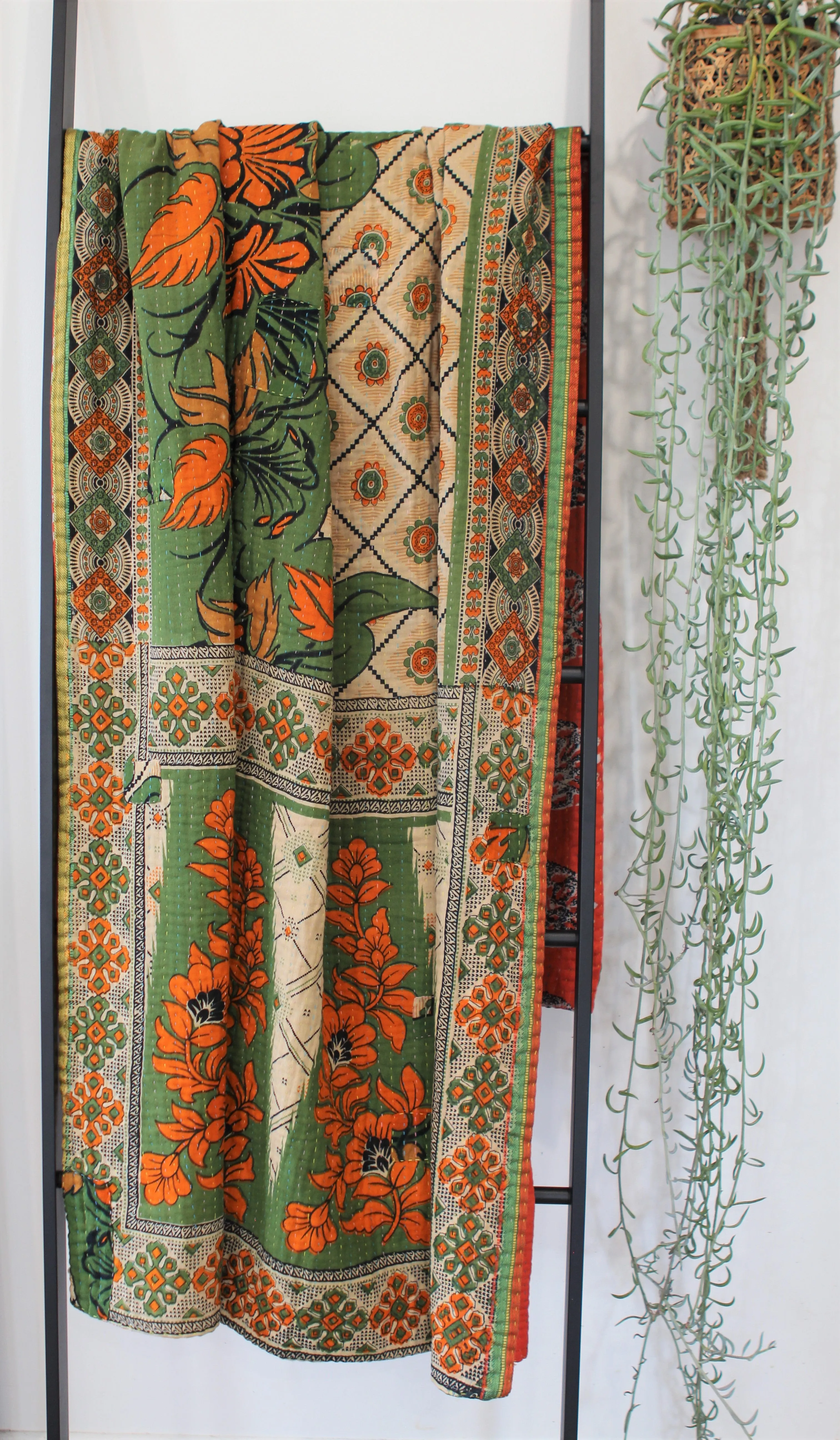 Sari Kantha Large Throw - Orange & Green 2