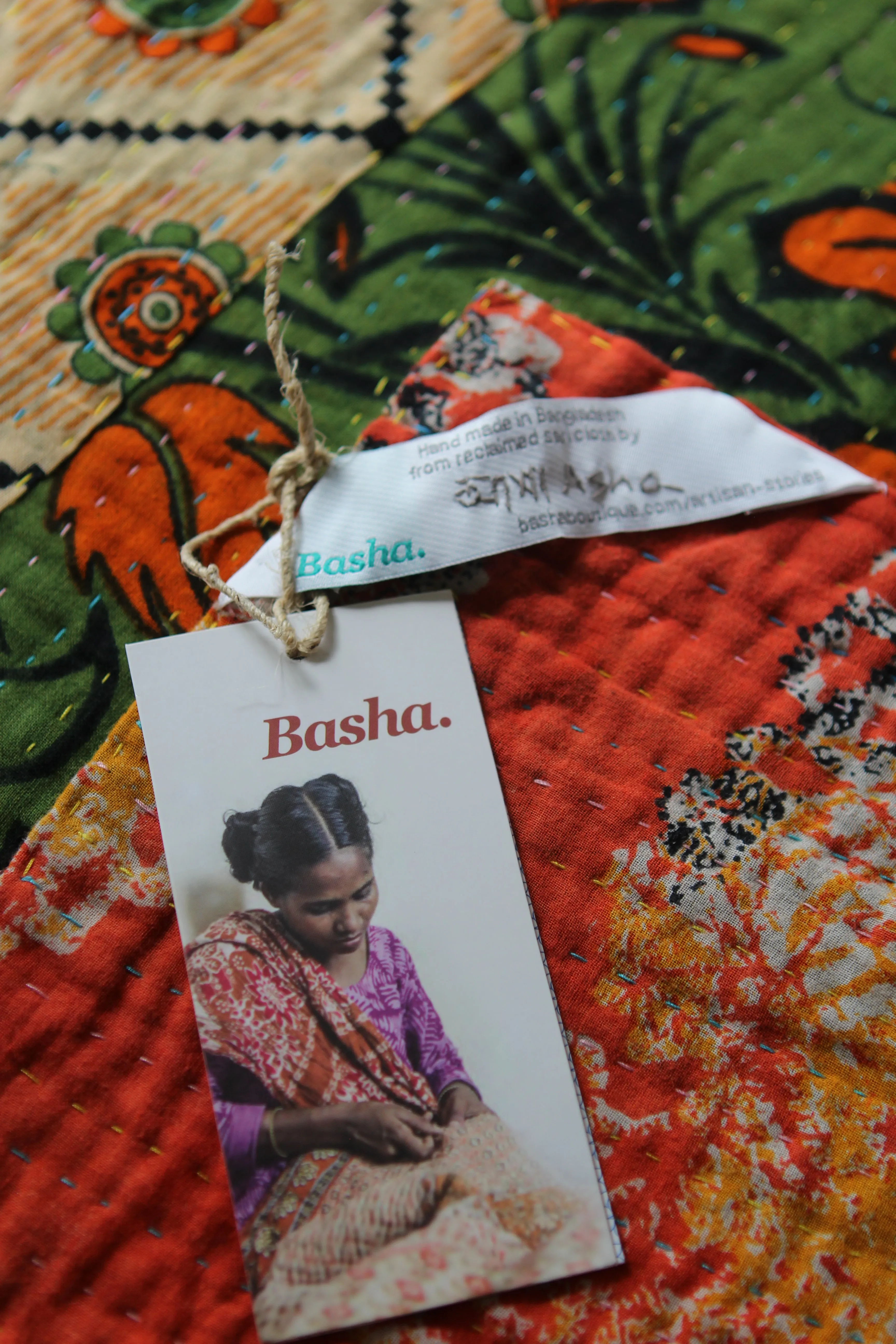 Sari Kantha Large Throw - Orange & Green 2