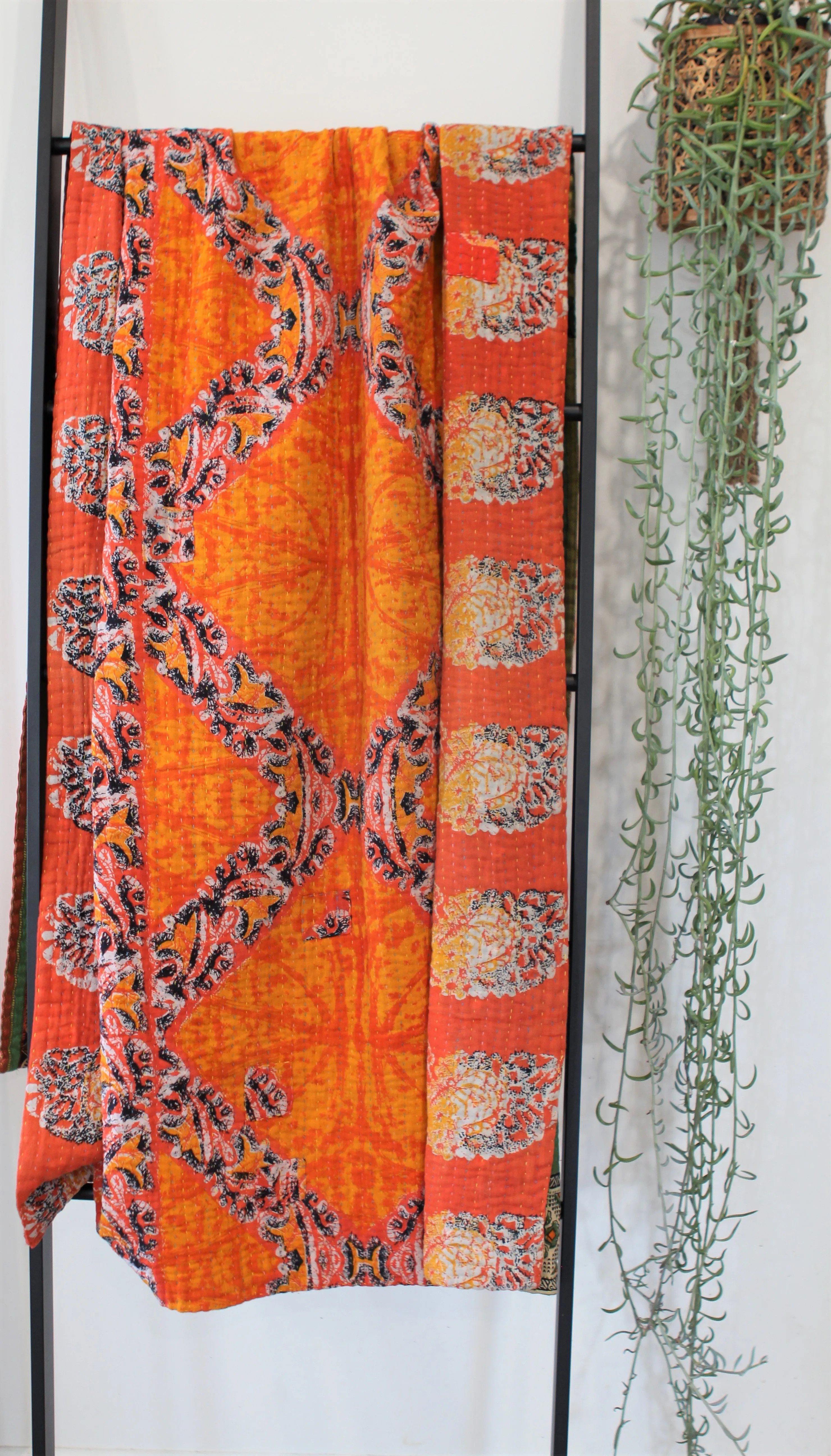 Sari Kantha Large Throw - Orange & Green 2