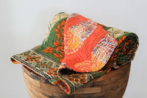 Sari Kantha Large Throw - Orange & Green 2