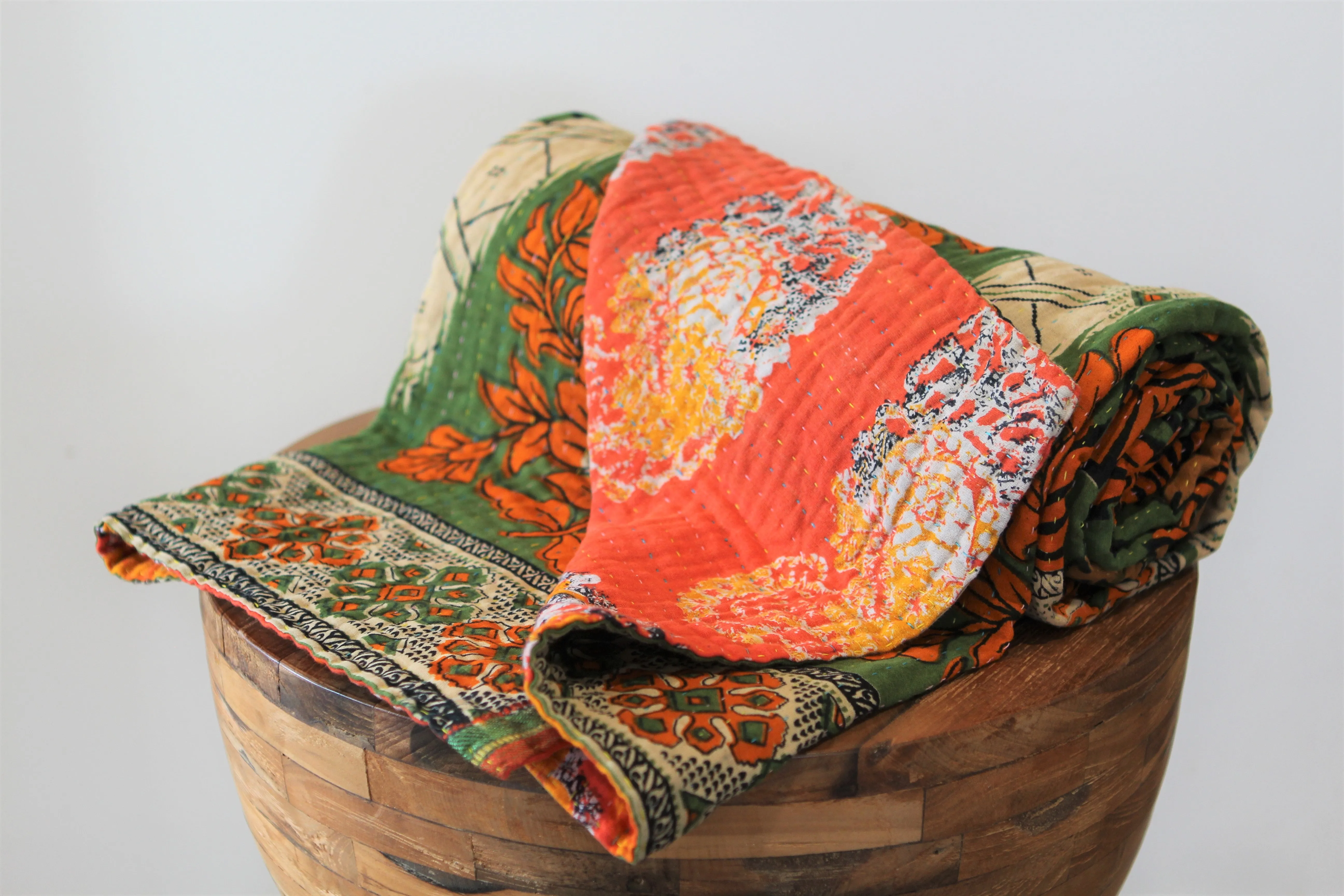 Sari Kantha Large Throw - Orange & Green 2