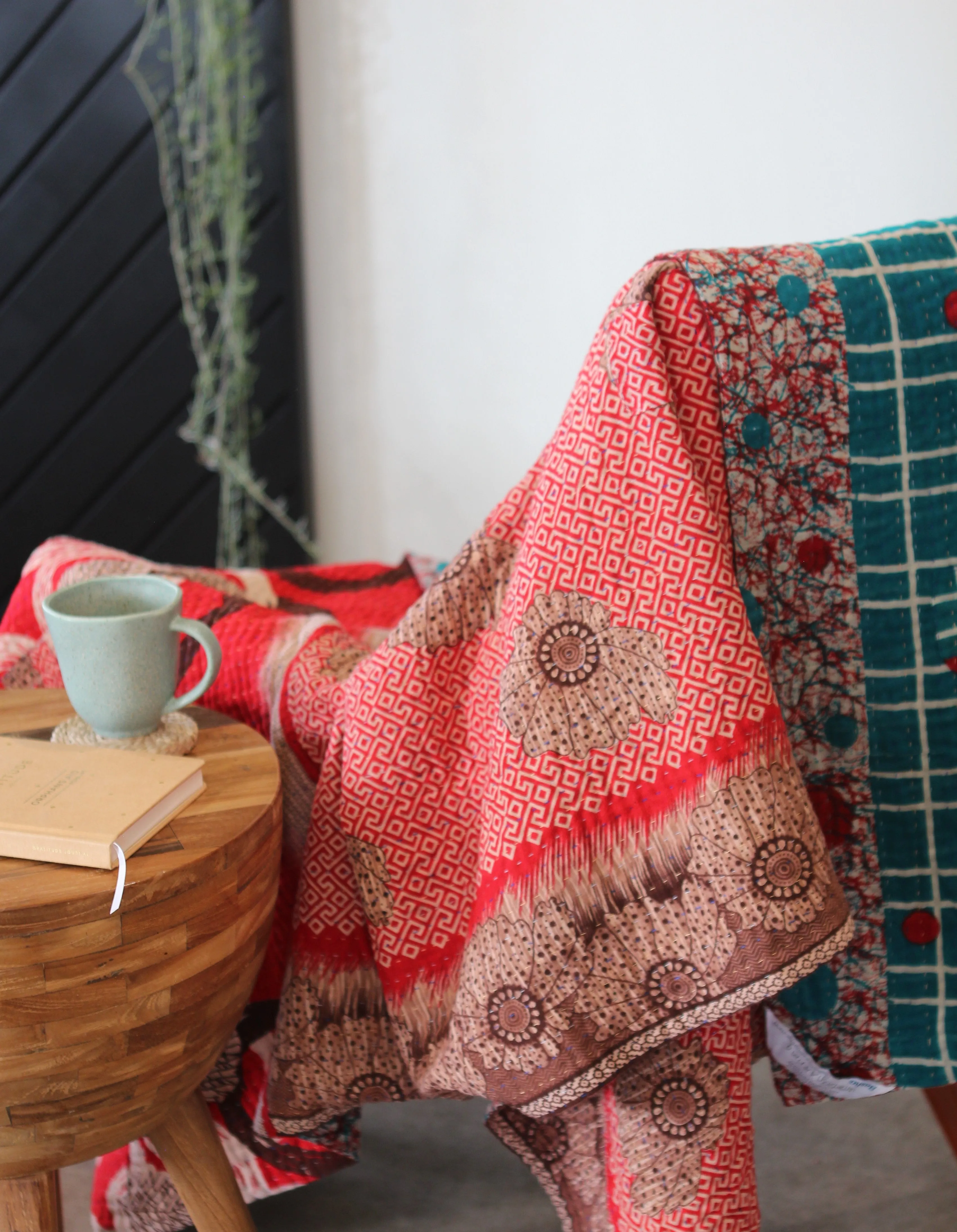 Sari Kantha Large Throw - Red & Teal