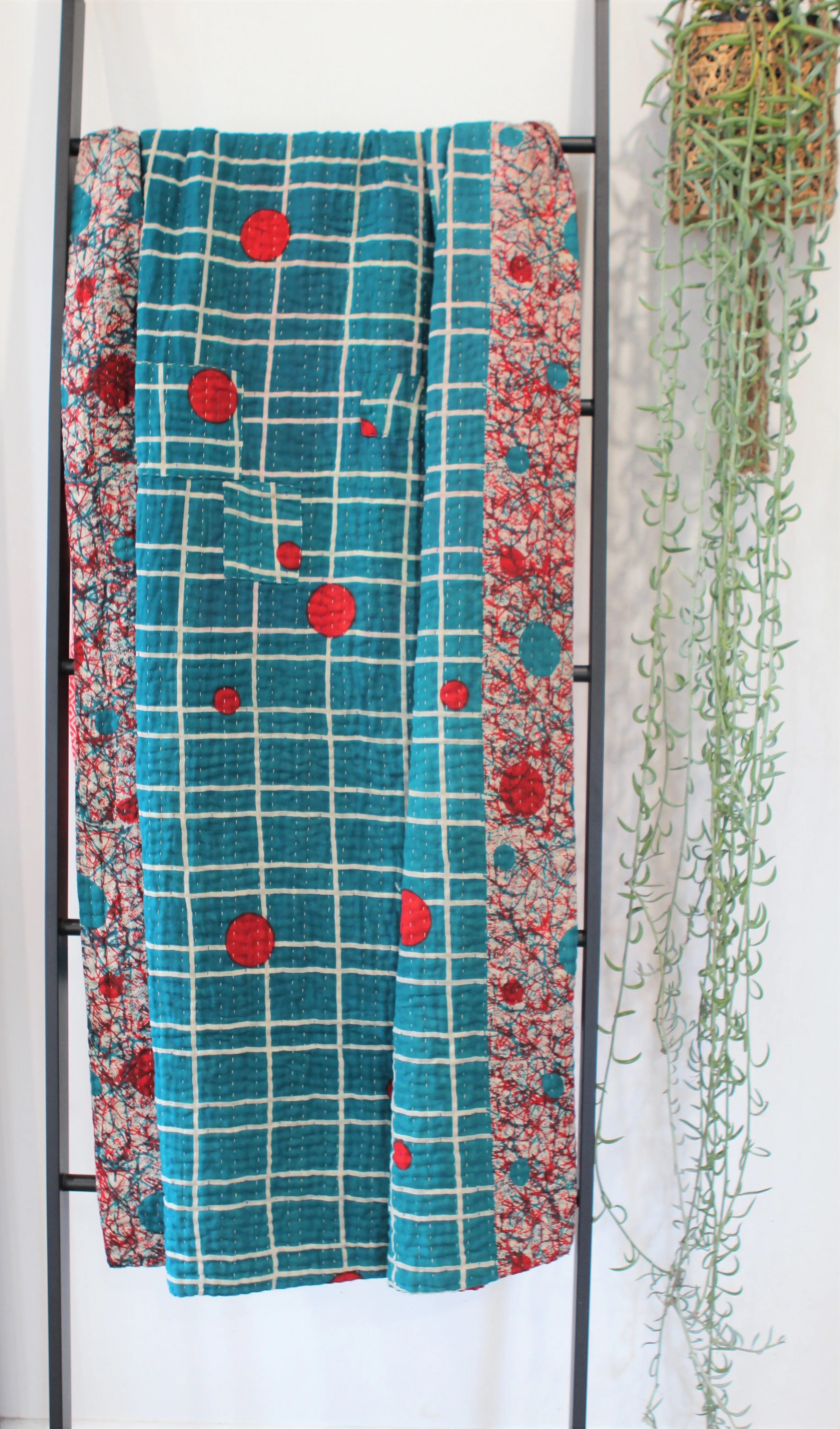 Sari Kantha Large Throw - Red & Teal