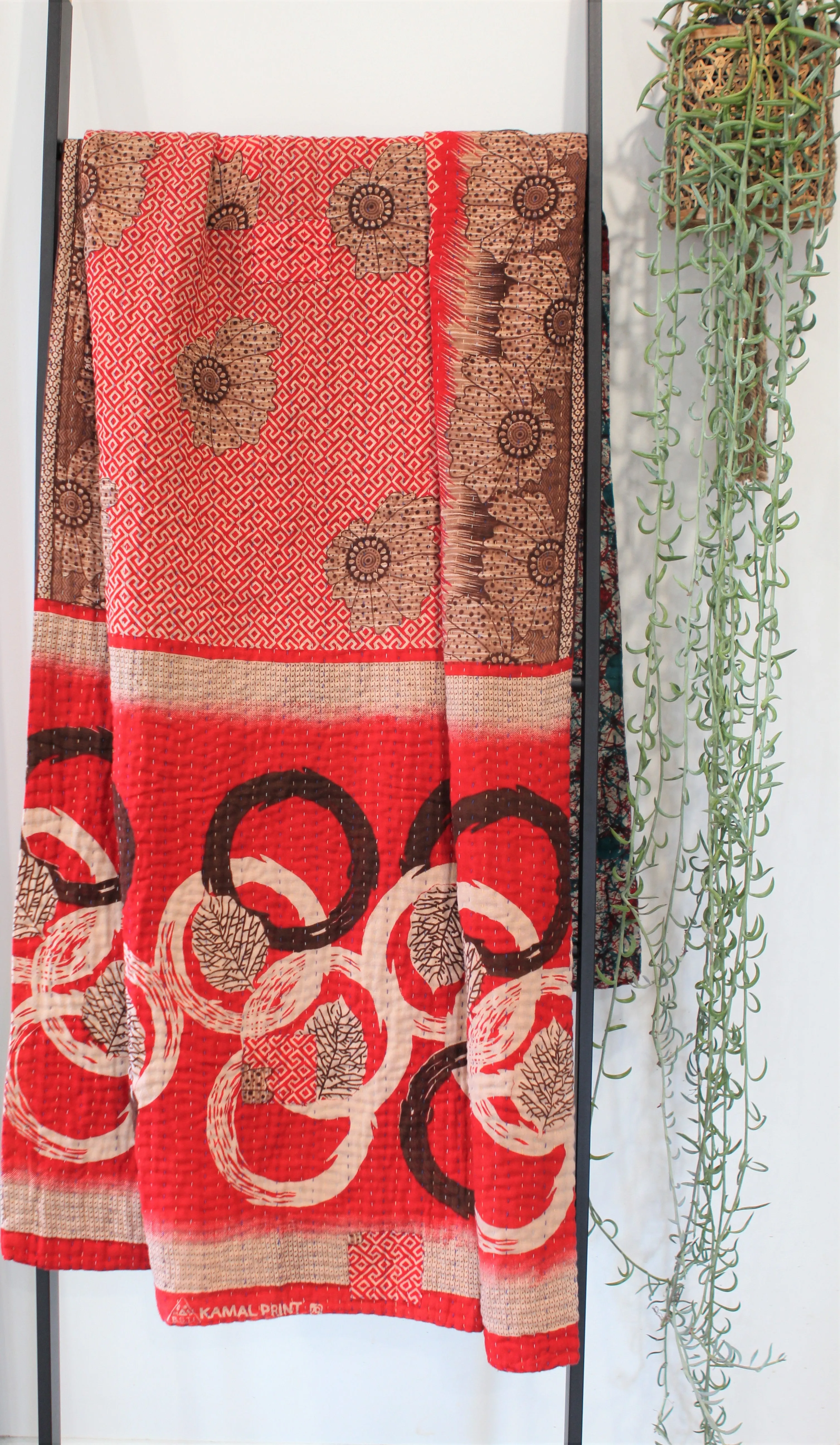 Sari Kantha Large Throw - Red & Teal